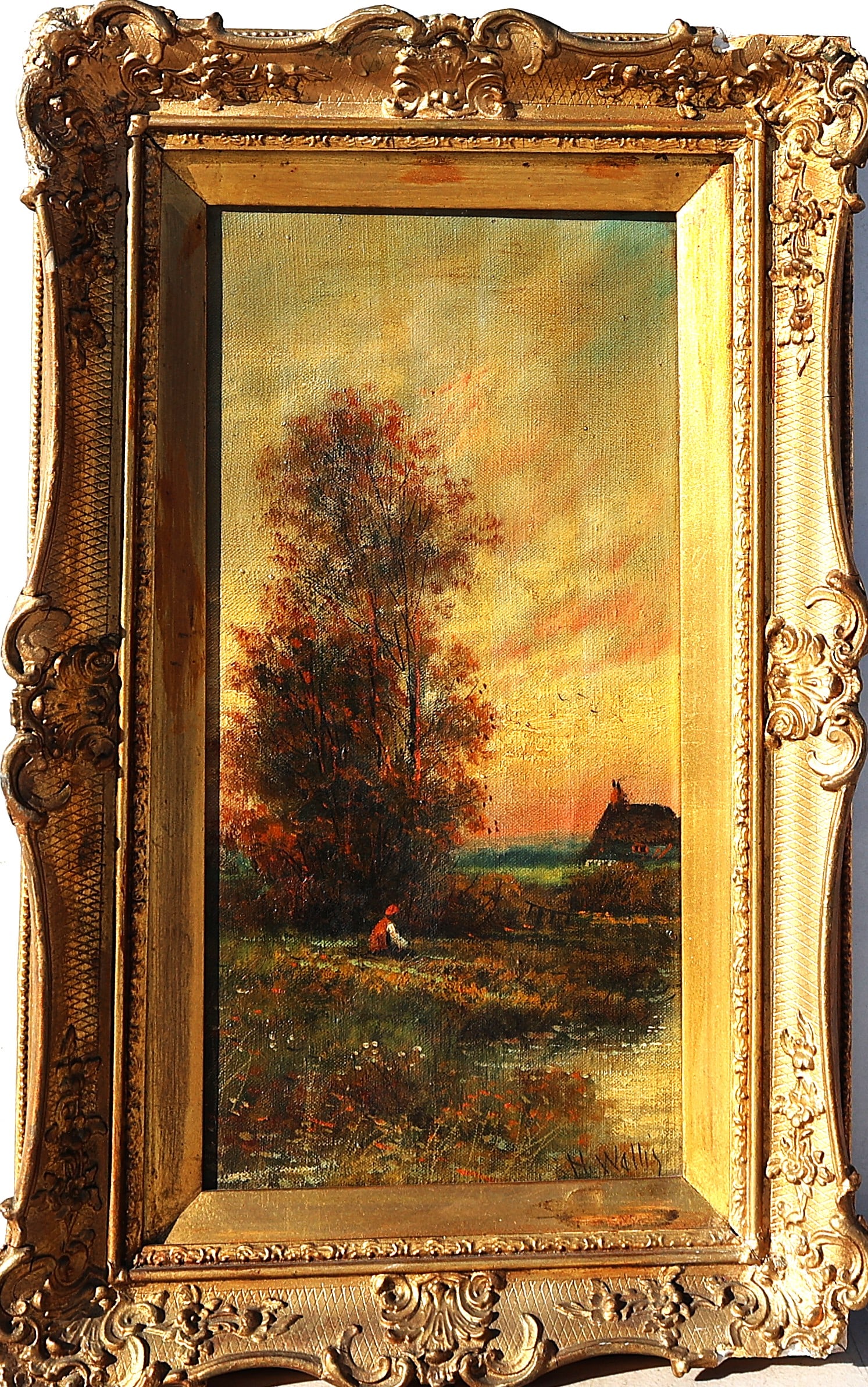 Henry Wallis (1830 - 1916) United Kingdom, Oil on Canvas Painting Woman in Field Landscape (1 of 6)