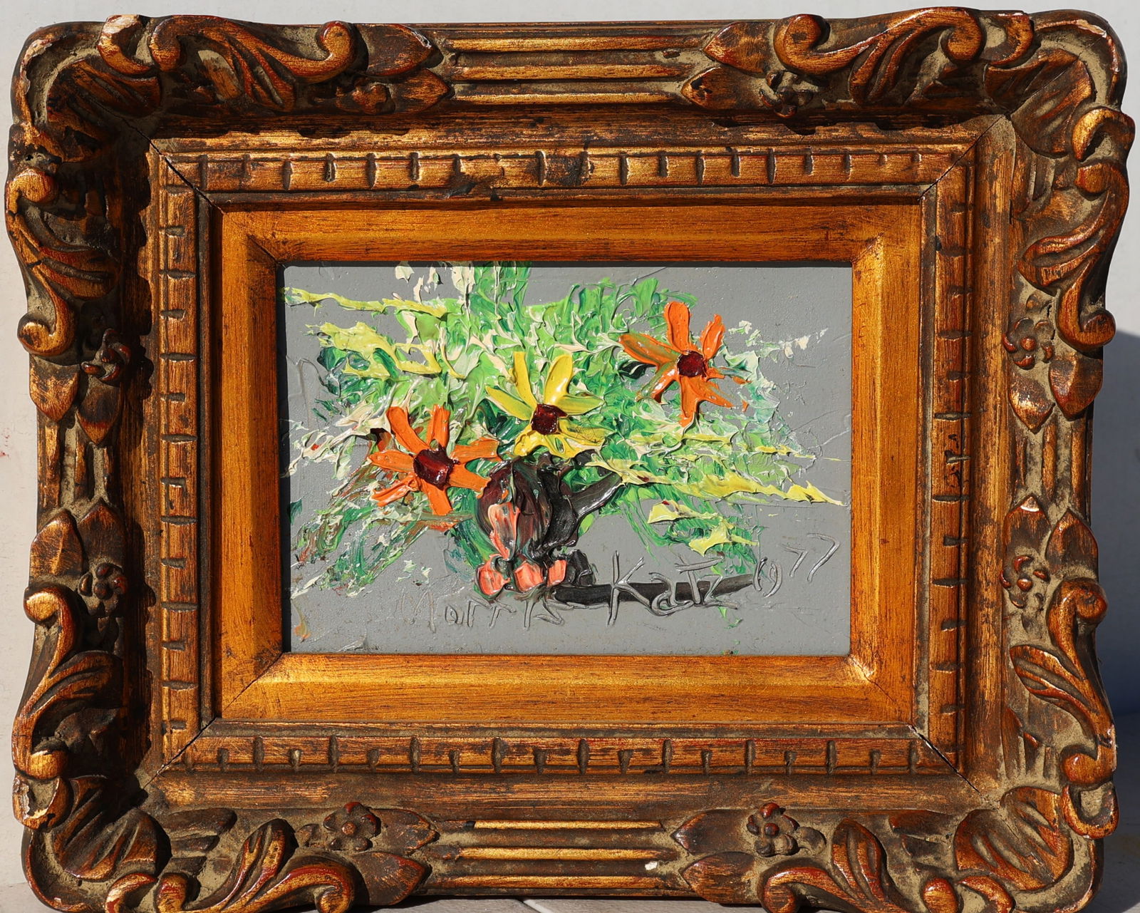 Morris Katz, Jewish American, Acrylic Painting Framed, Still Life Daisy Flowers in Vase: Morris Katz, Jewish American, Acrylic Painting Framed, Still Life Daisy Flowers in Vase; Well Listed Artist. Size: image 5 in. x 7 in. , outer frame 10 in. x 12 in. ; ASKart: Morris Katz (born Moshe K