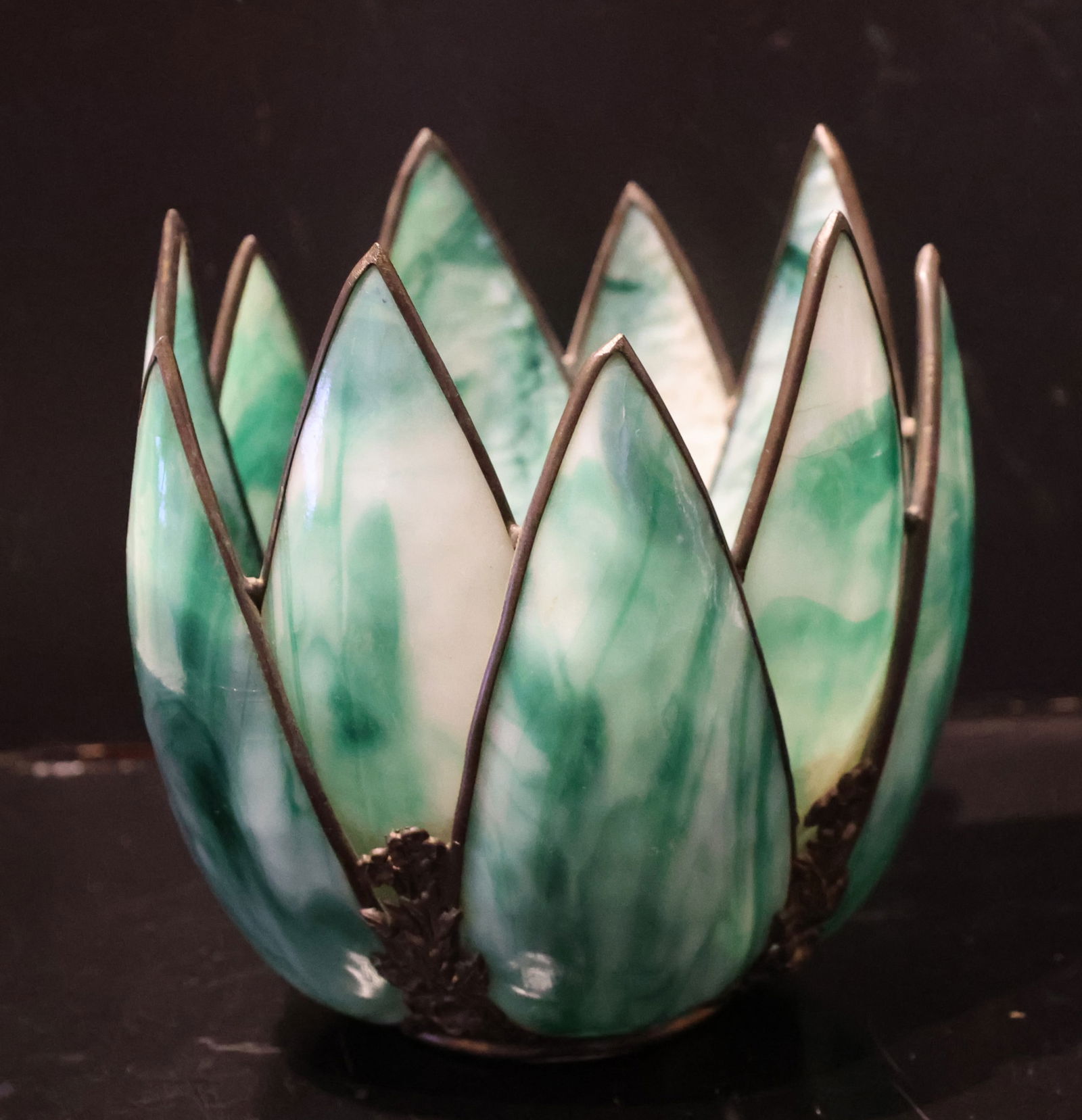 Antique 10-Panel Green Slag Glass Tulip / Lotus Lamp Shade 3 1/4 inch Fitter Size (1 of 8)