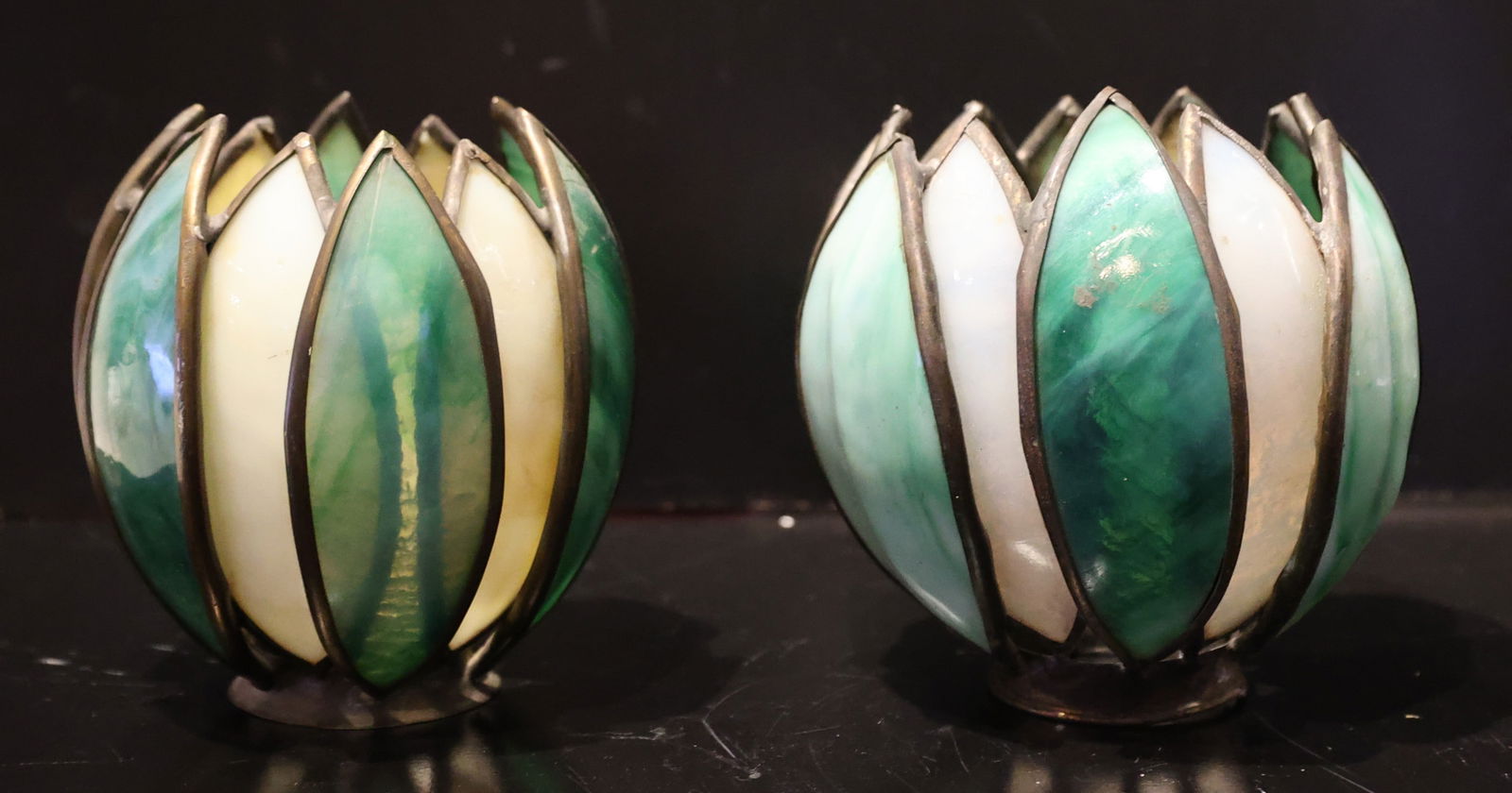 2 Antique 12-Panel Green & Caramel Slag Glass Tulip / Lotus Lamp Shades 2 1/4 inch Fitter Size (1 of 5)