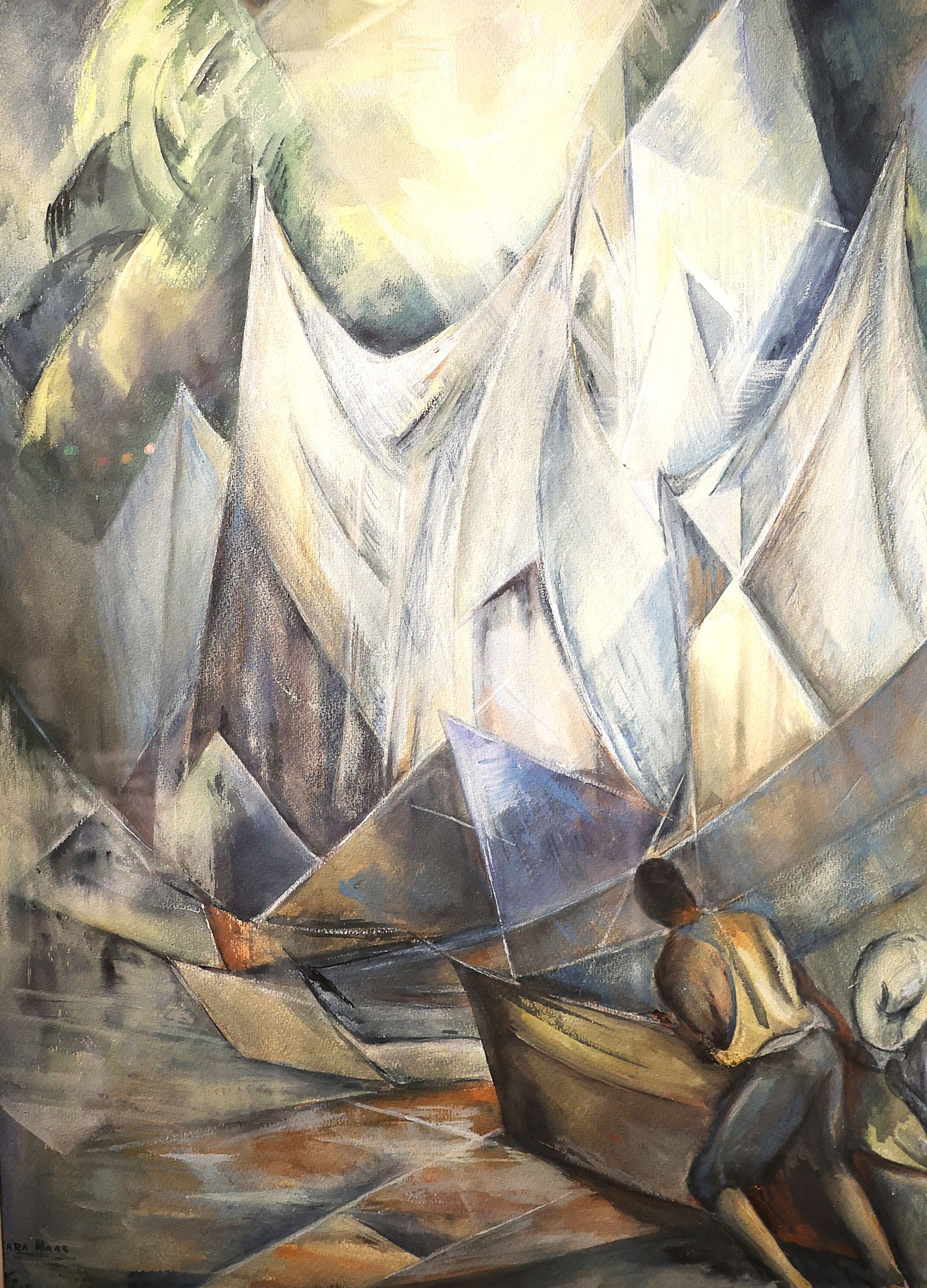 Clara Haas, Born 1895, American, Watercolor Painting Dynamic Abstract Scene Boats, Sails, Figure: Size: image 28.5 in. x 20.5 in.; outer frame 35 in. x 26.5;Clara Haas, Born 1895, American, Watercolor Painting Dynamic Abstract Scene Boats, Sails, Figure.