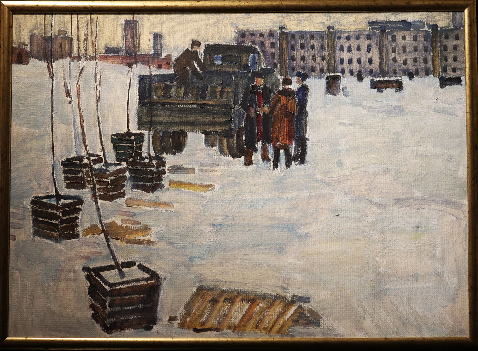 Industrial Oil on Board Painting Winter Scene with Several Figures, a Truck, and Potted Saplings: Size: image 19 in. x 26.5 in.; outer frame 20 in. x 27.5 ; Industrial Oil on Board Painting Winter Scene with Several Figures, a Truck, and Potted Saplings