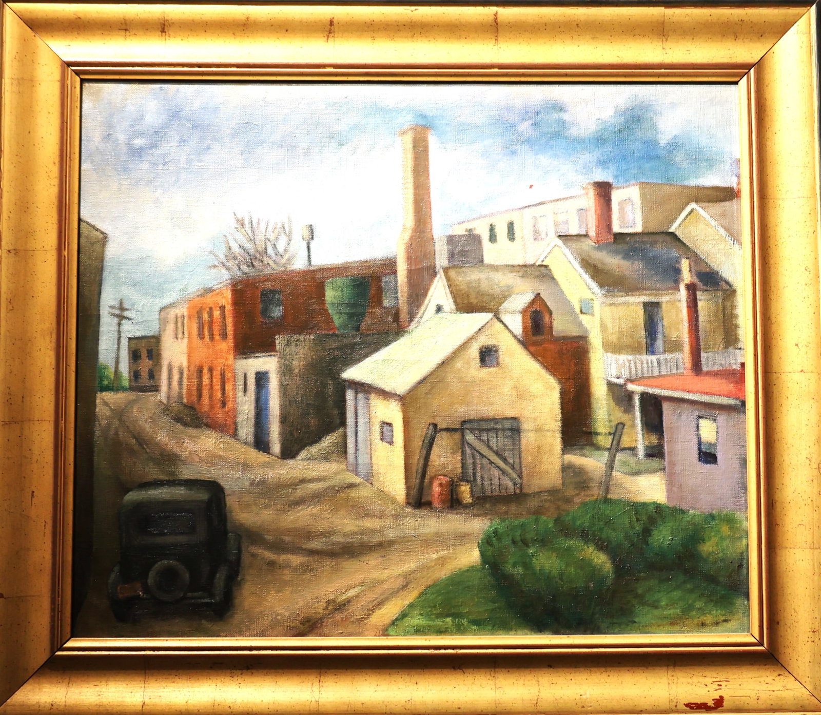 1934 Oil on Canvas Painting Vintage Car In Front of Houses and Industrial Buildings, Urban Landscape: Size: image 20 in. x 24 in.; outer frame 25 in. x 29.25 ; 1934 Oil on Canvas Painting Vintage Car In Front of Houses and Industrial Buildings, Urban Landscape.