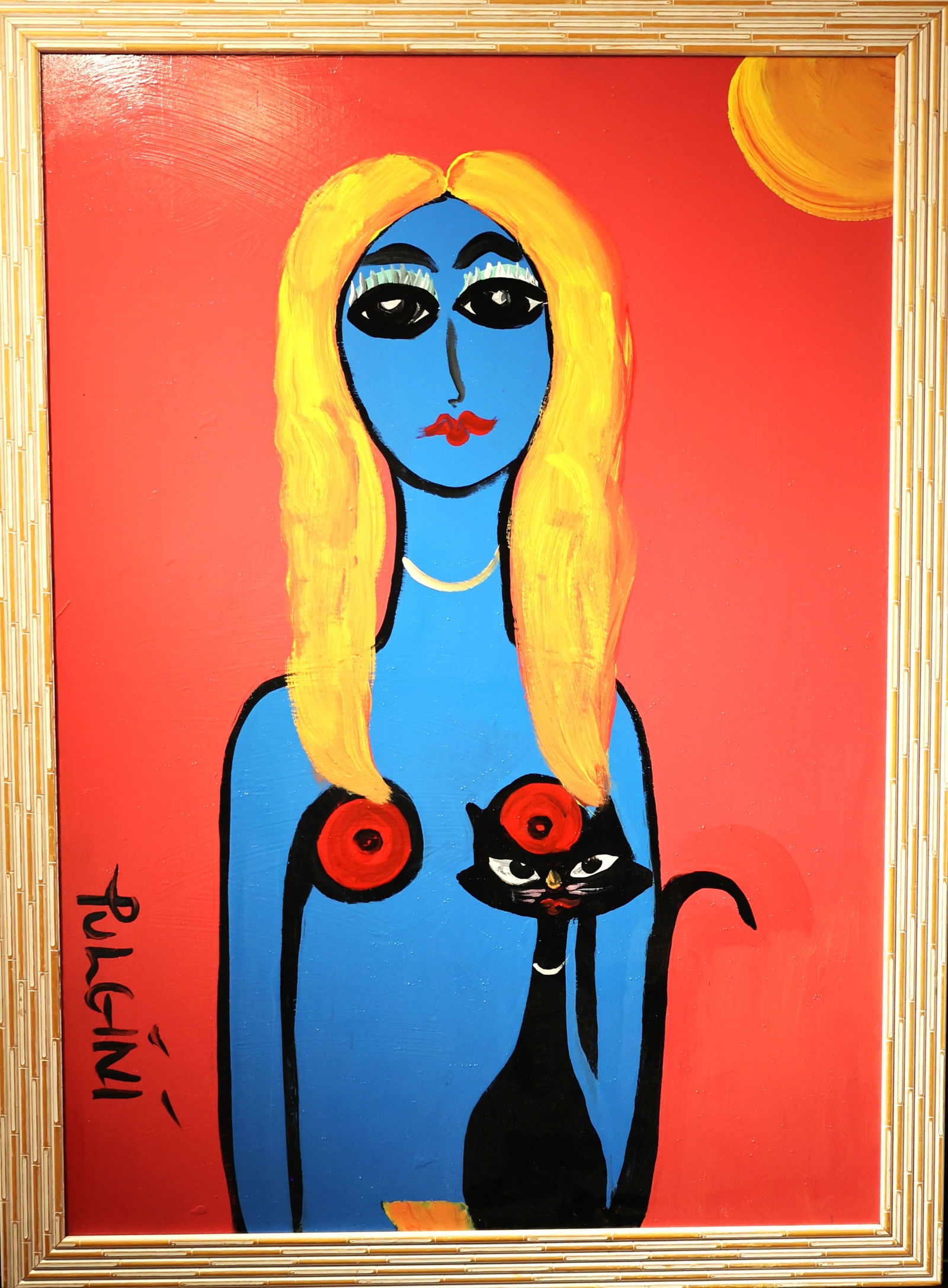 Thomas Pulgini, American, Pop-Art Abstract Oil on Board Painting Blue Woman: Thomas Pulgini, American, Pop-Art Abstract Oil on Board Painting Blue Woman, Signed, Framed, Well Listed American Artist. Size: image 36 1/2 in. x 26 in.; outer frame 40 in. x 29 1/2. ; ASKart: Thomas