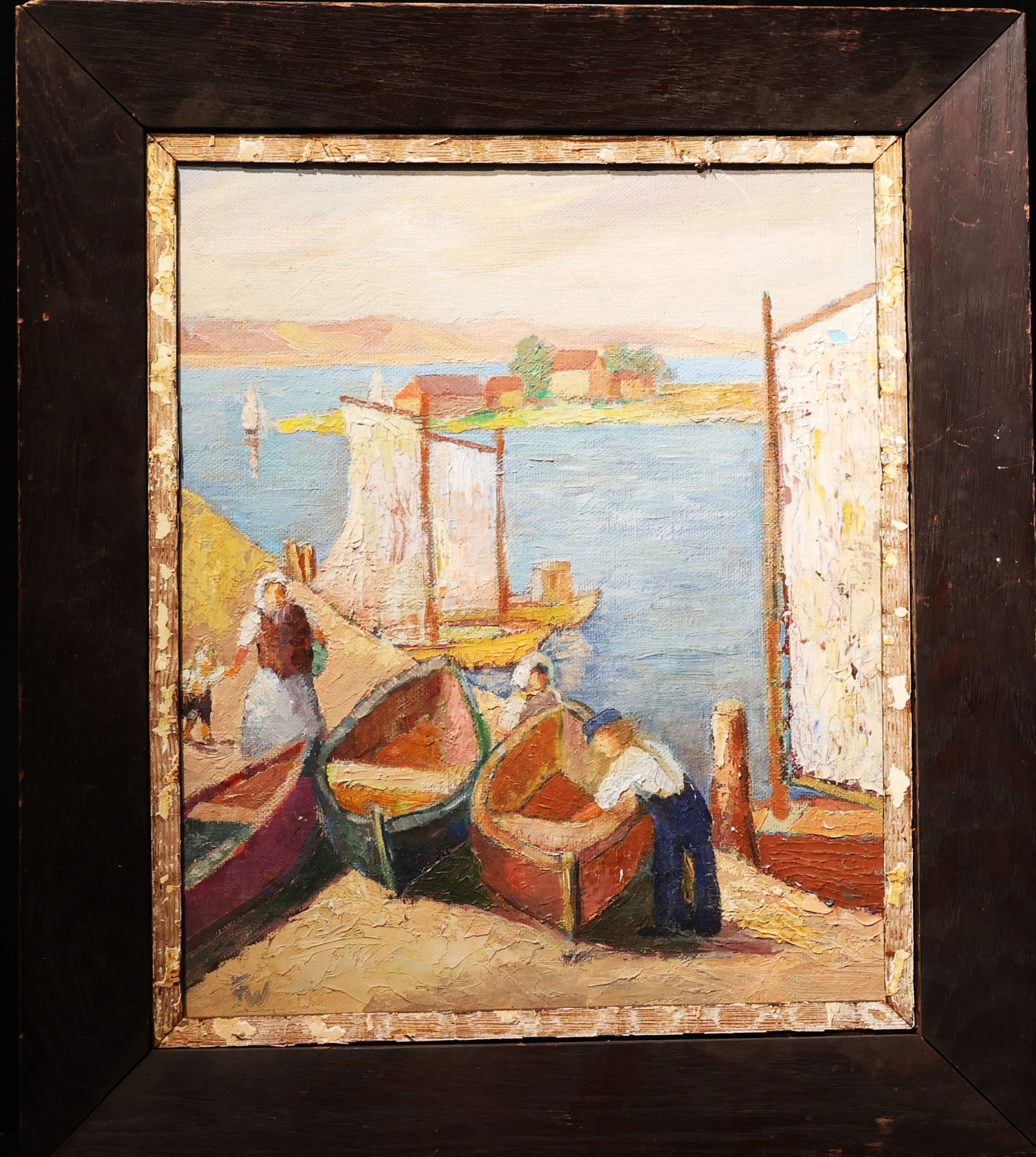 Signed FW, Provincetown Oil Painting Figures Working on or Near Wooden Boats Docked at a Pier (1 of 7)