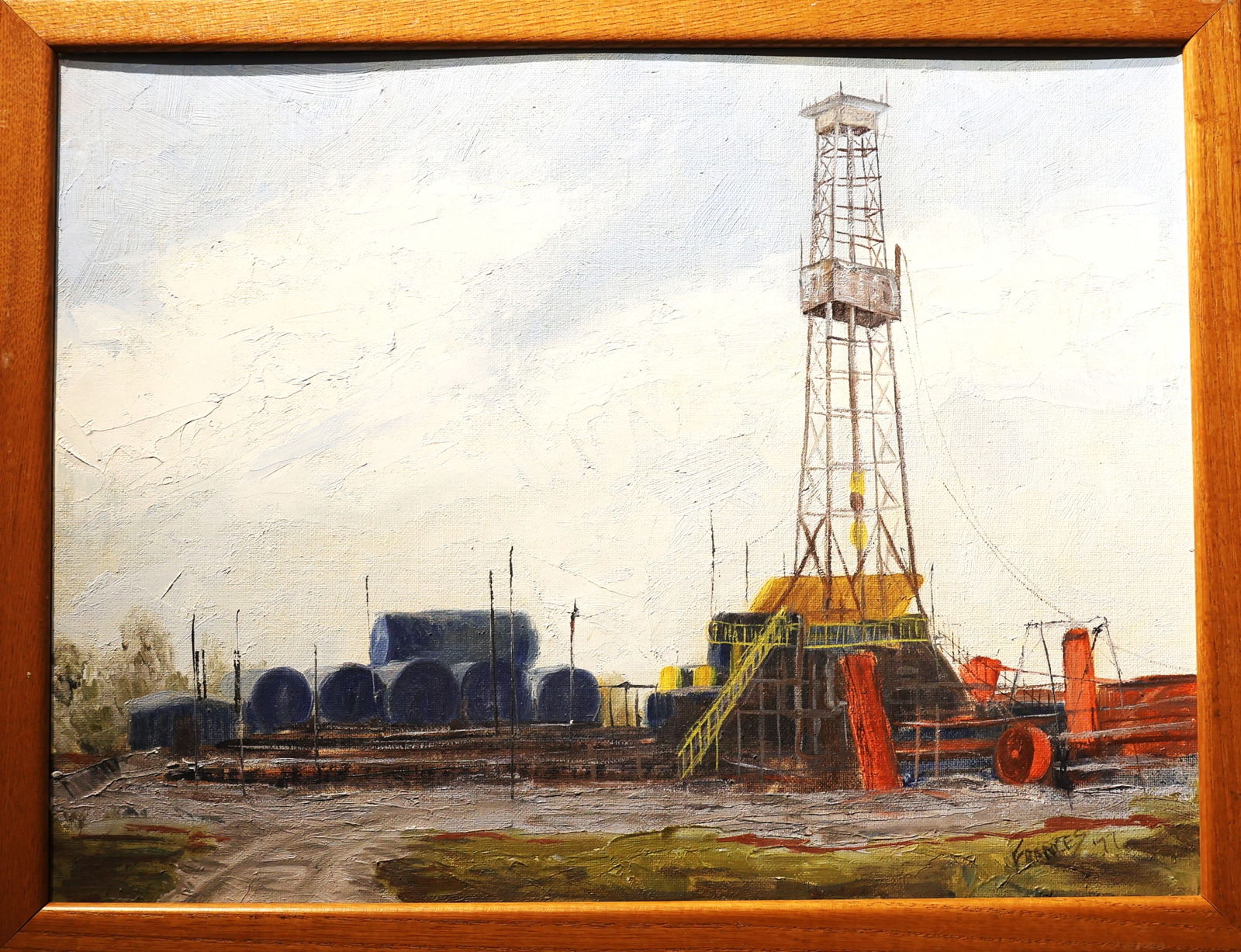 Signed Frances '71, Industrial Oil on Board Painting of an Oil Drilling Rig (1 of 5)