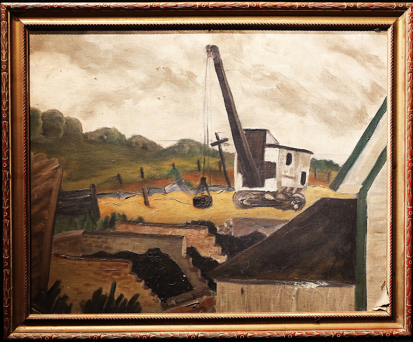 Vintage Oil on Canvas Board Painting Construction Scene Partially Built Bridge and Excavator (1 of 5)