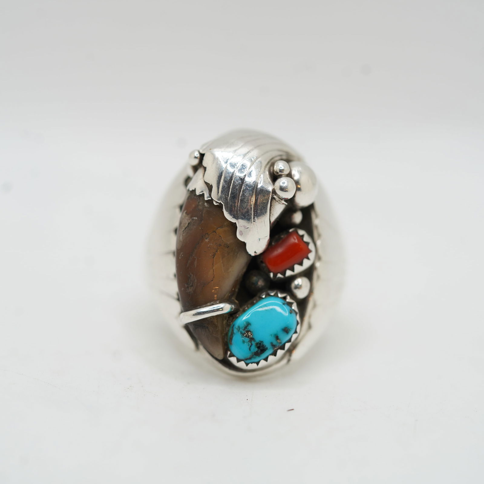 Elaine Smith, ES, Sterling Silver Native American Indian Claw Ring Size 12.5 ; Turquoise, Coral (1 of 13)