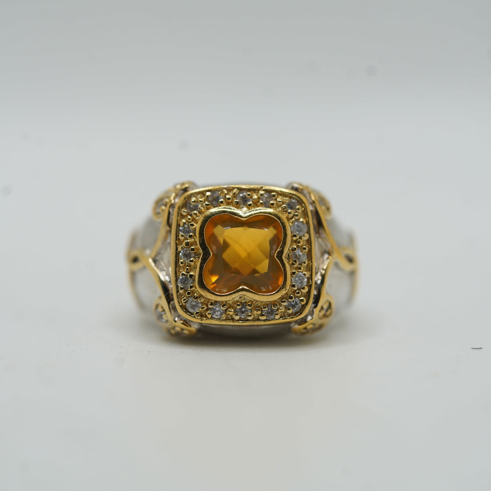 .925 Sterling Silver with Gold Vermeil Amber Colored Stone and CZ Ring Size 8 (1 of 11)