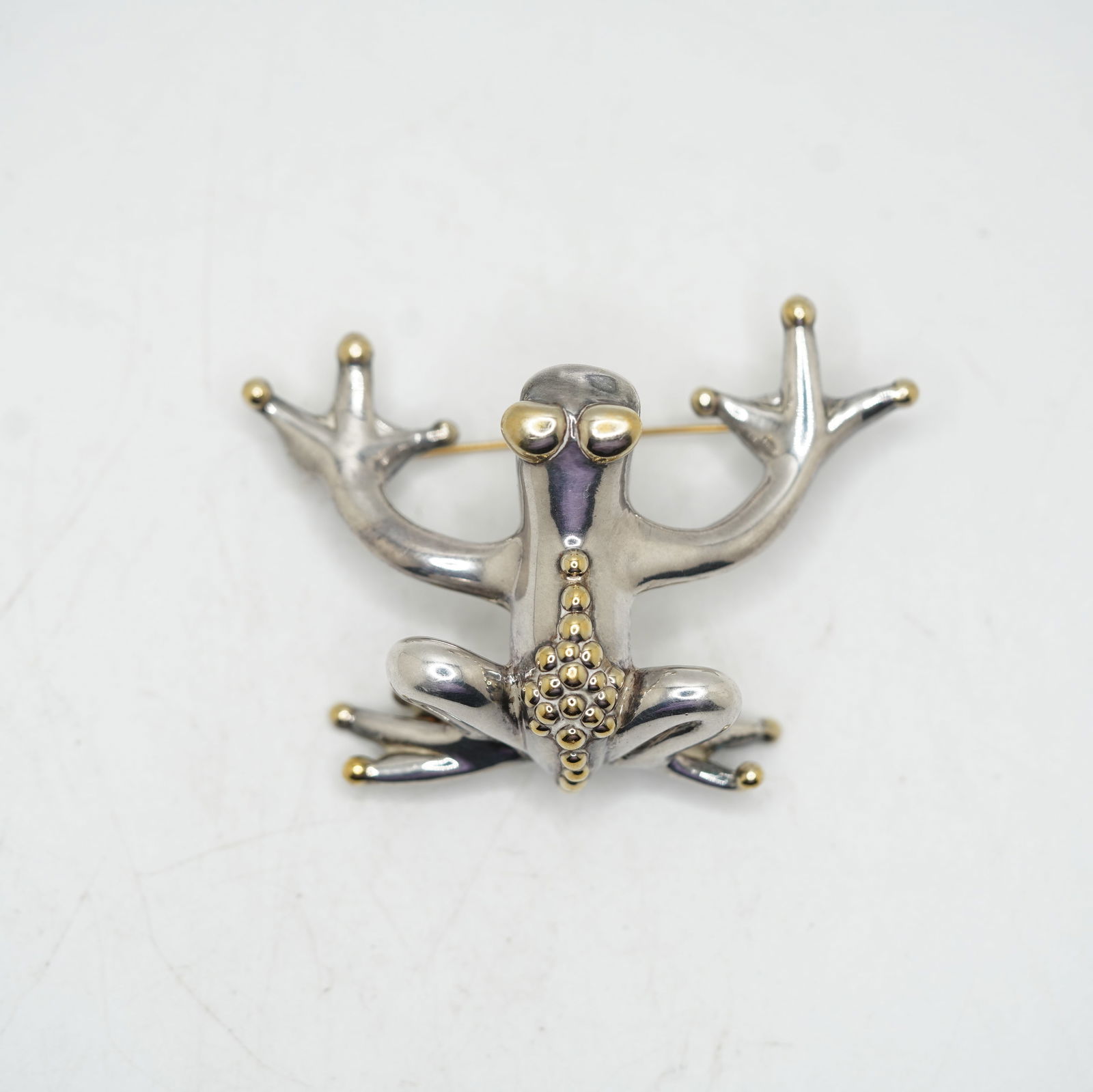 21 Grams .925 JE Sterling Silver Frog Pin with Gold Beading, 2 1/2 inches x 1 1/2 inches (1 of 13)