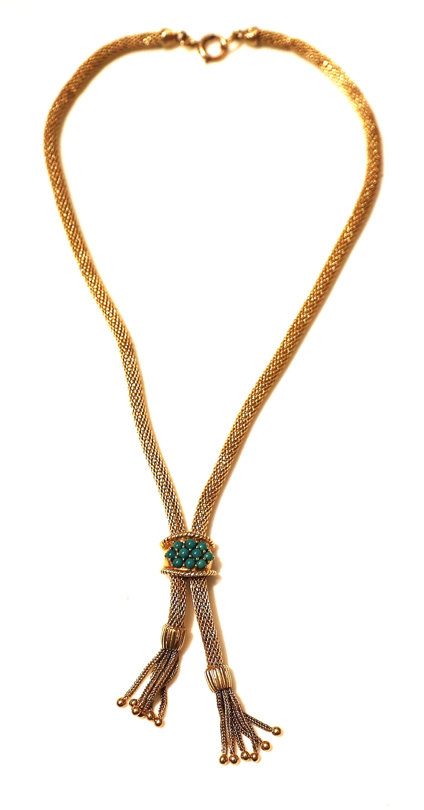 18.96 DWT, 14K GOLD Super Quality Mesh 3/4 Chain Necklace With Turquoise Double Slider Tassels (1 of 6)