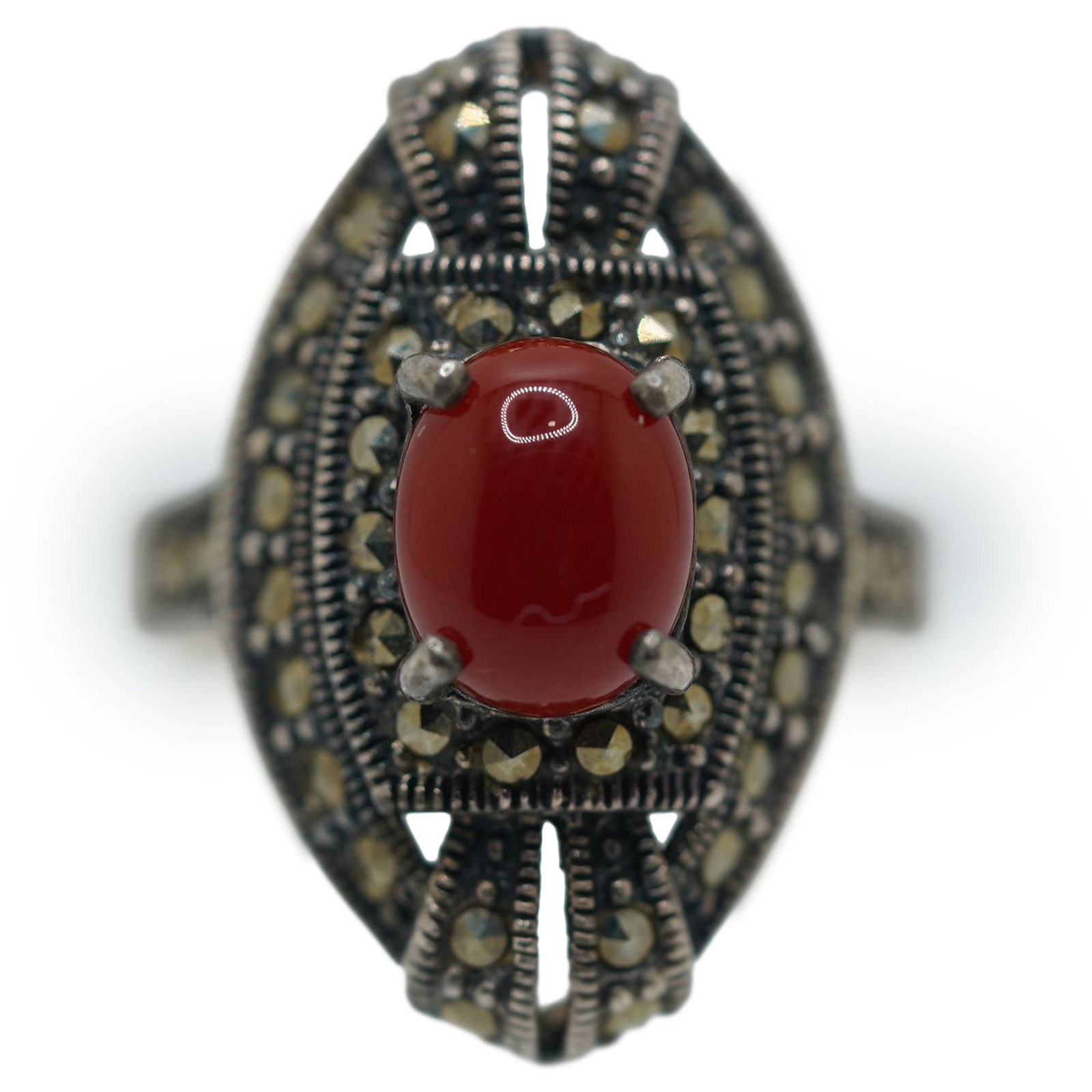 .925 Sterling Silver Art Nouveau with Carnelian Stone Surrounded By Maracasites Ring Size 7 (1 of 11)