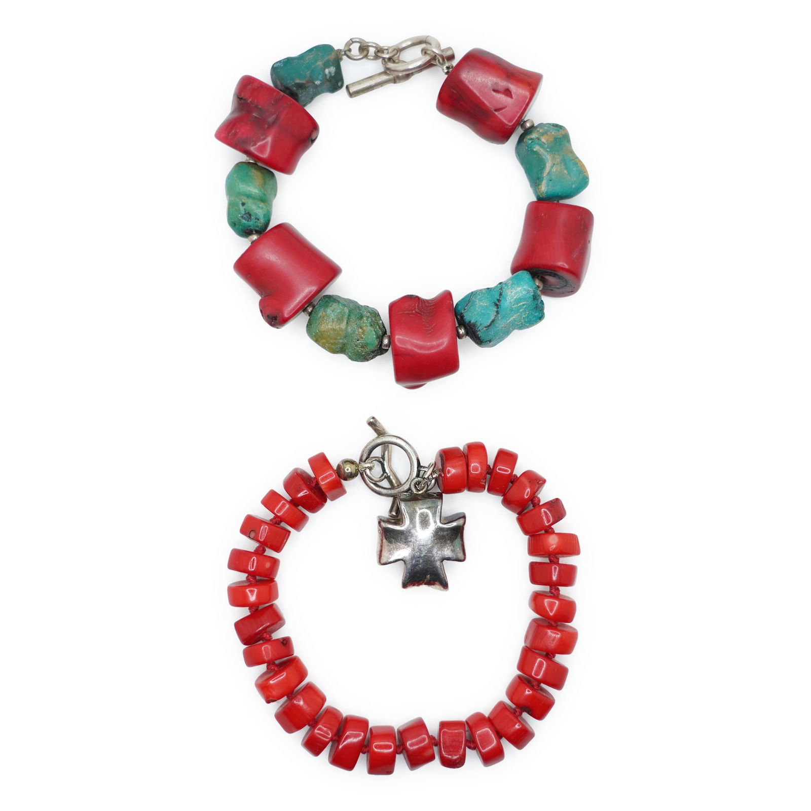 [2] Bracelets: Sterling Silver Toggle Closure with Red / Green Dyed Coral Beads Bracelet; .925 (1 of 15)