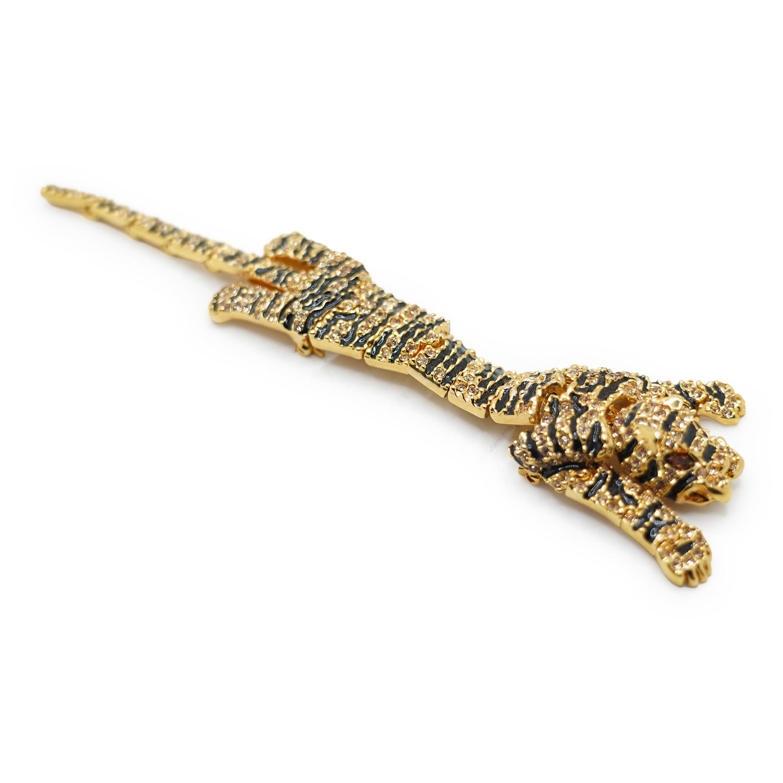 Quality Vintage Rhinestone and Black Enameling Tiger Shoulder Pin With Amber Eyes 7 in. Length (1 of 10)