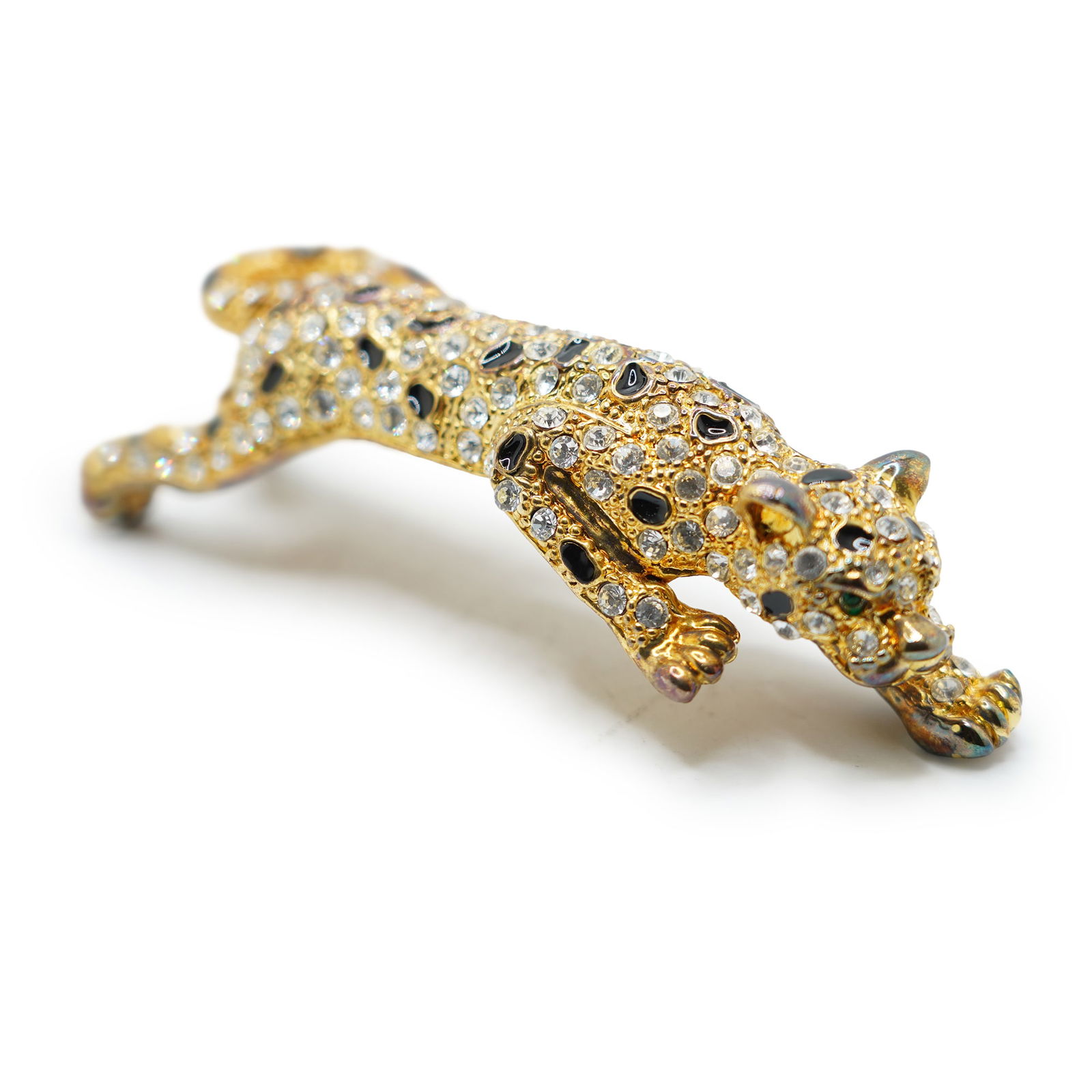 Quality Vintage Rhinestone and Black Enameling Lion Shoulder Pin With Amber Eyes 4.25 in. Length (1 of 11)