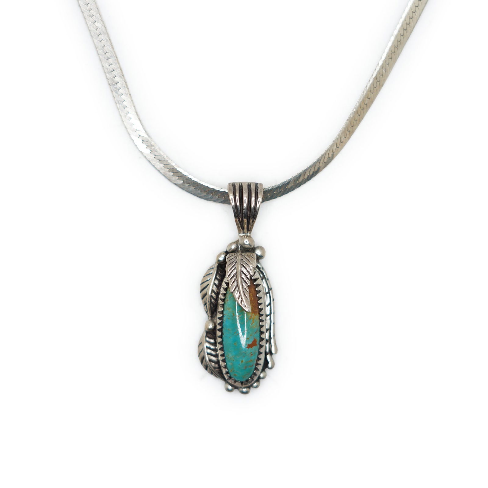 Marked 96 Sterling Silver Native American Indian Feathers Design and Turquoise Pendant Necklace (1 of 7)