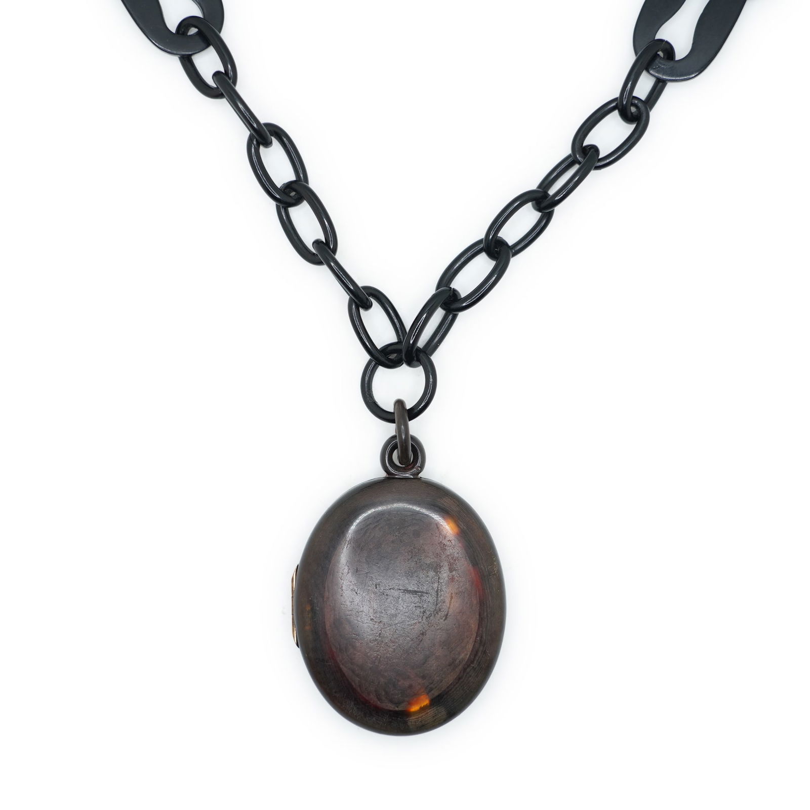 Tortise Shell Celluloid Locket and Chain Link Necklace 28 in. length x 1/2 in., Locket 2 3/4 in. x (1 of 9)