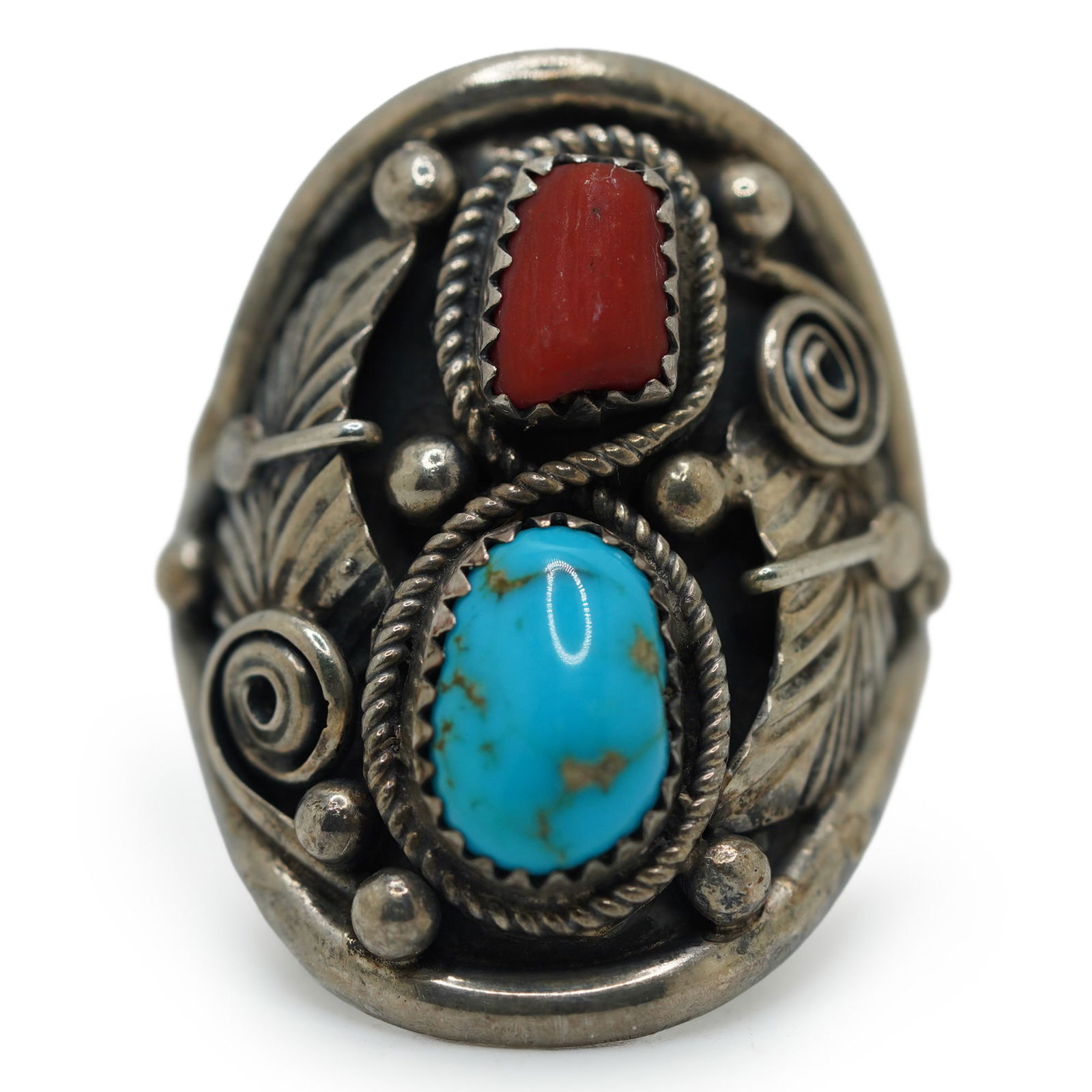 Cy Sterling Silver Native American Indian Turquoise and Coral Ring Size 13.5, Hand Engraved Feather (1 of 10)