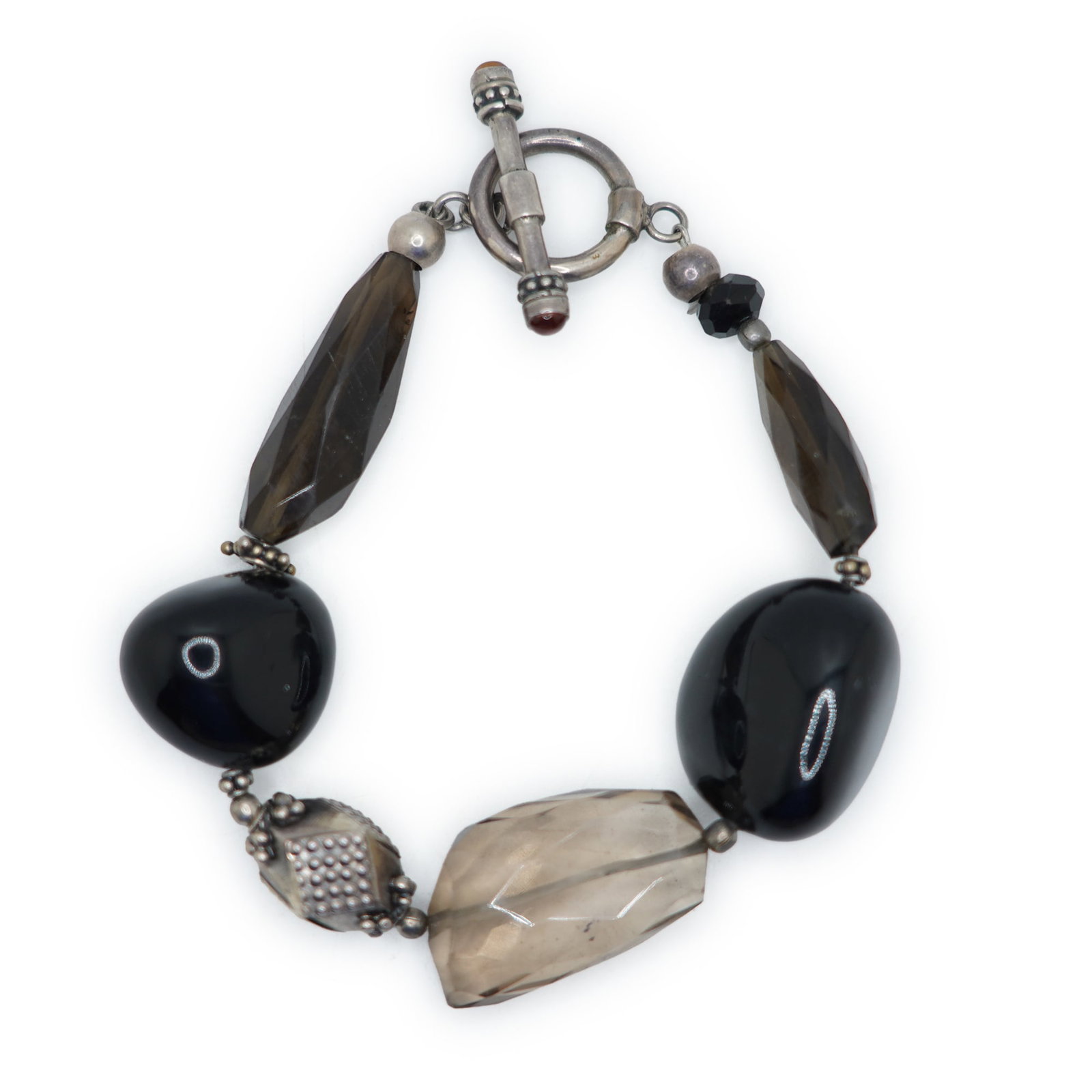 Quality Bracelet Sterling Silver Toggle and Bead Smokey Quartz and Black Onyx 8 3/4 in. x 1 in. (1 of 10)