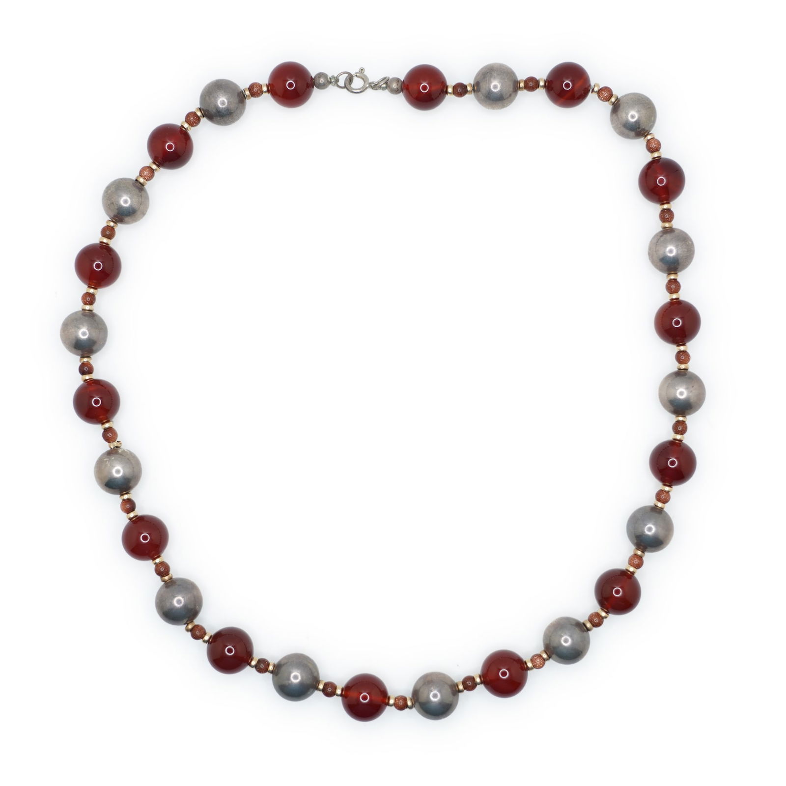 .925 Sterling Clasp, Sterling Beads, 14K Spacer Beads, Carnelian Beads, Moonstone Beads Necklace: .925 Sterling Clasp, Sterling Beads, 14K Spacer Beads, Carnelian Beads, Moonstone Beads Necklace. Size: 20 inches x 3/8 in.
