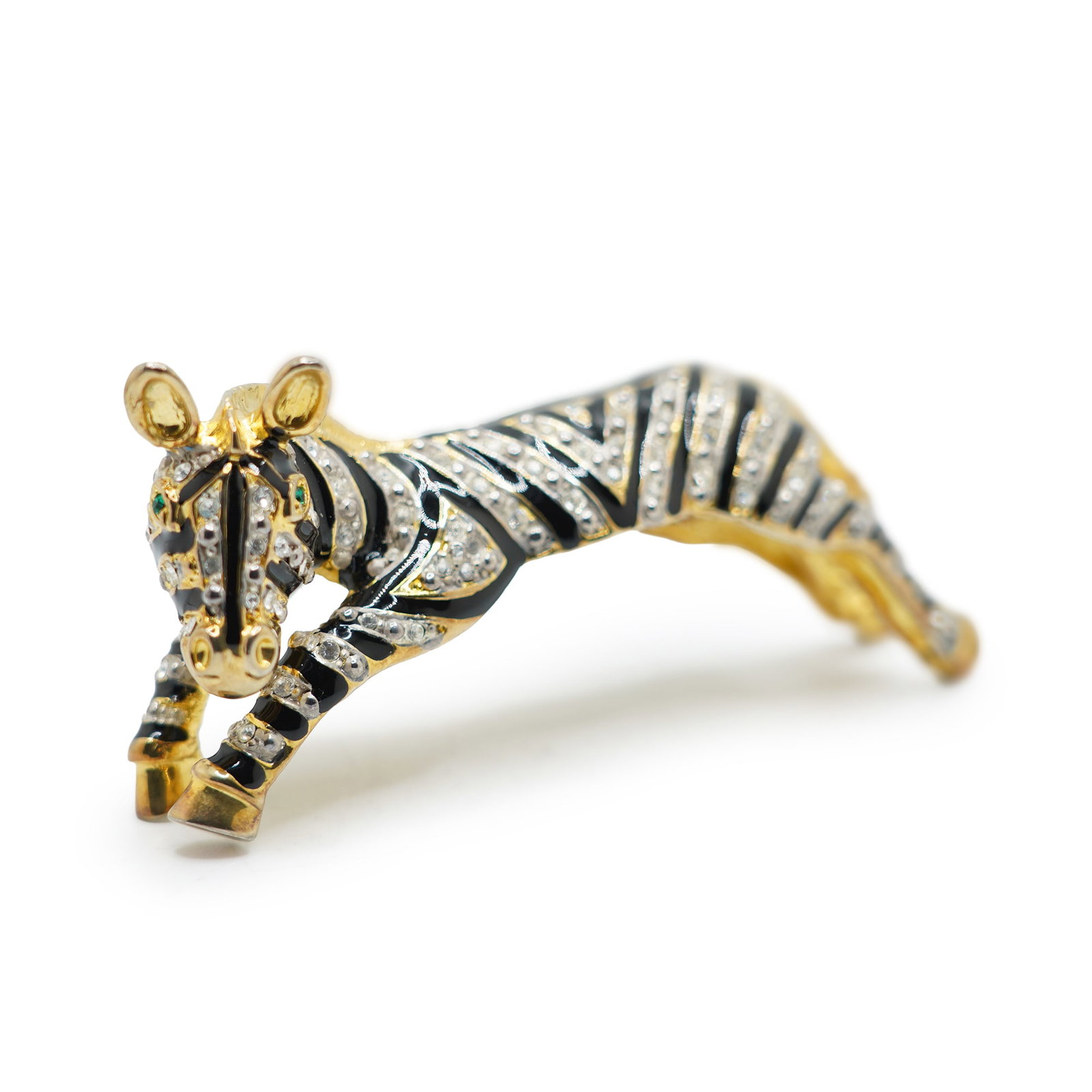 Quality Rhinestone and Black Enameling Zebra Shoulder Pin With Green Eyes 4 3/4 in. x 2 in. (1 of 9)