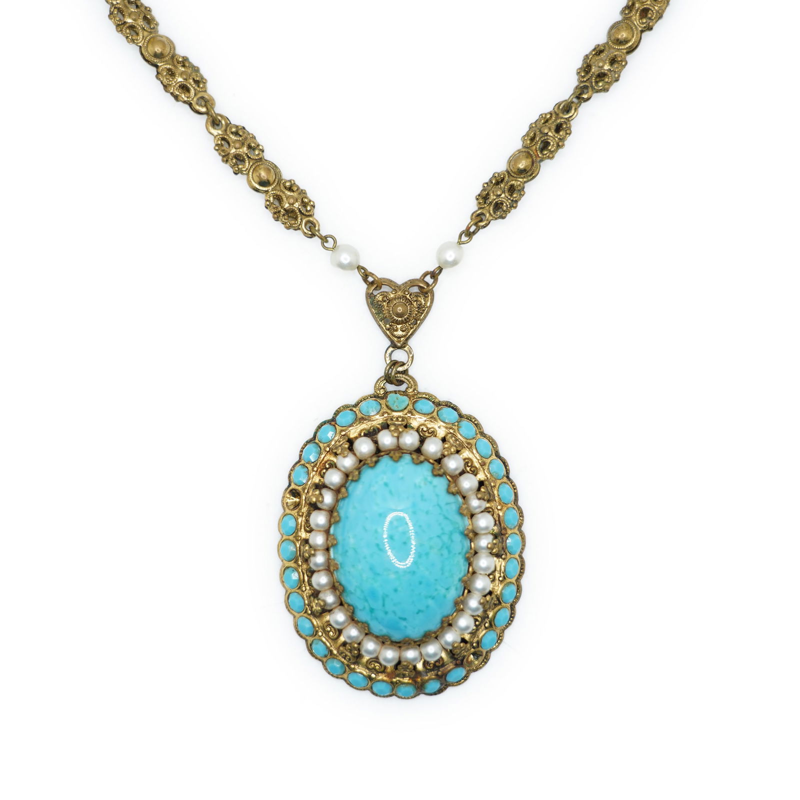 Quality German Costume Fashion Jewelry Faux Pearl and Turquoise Large Lavalier Pendant: Quality German Costume Fashion Jewelry Faux Pearl and Turquoise Large Lavalier Pendant Necklace on a Fligree Chain. Size: 25 inches x 2 3/4 inches x 1 3/4 inches