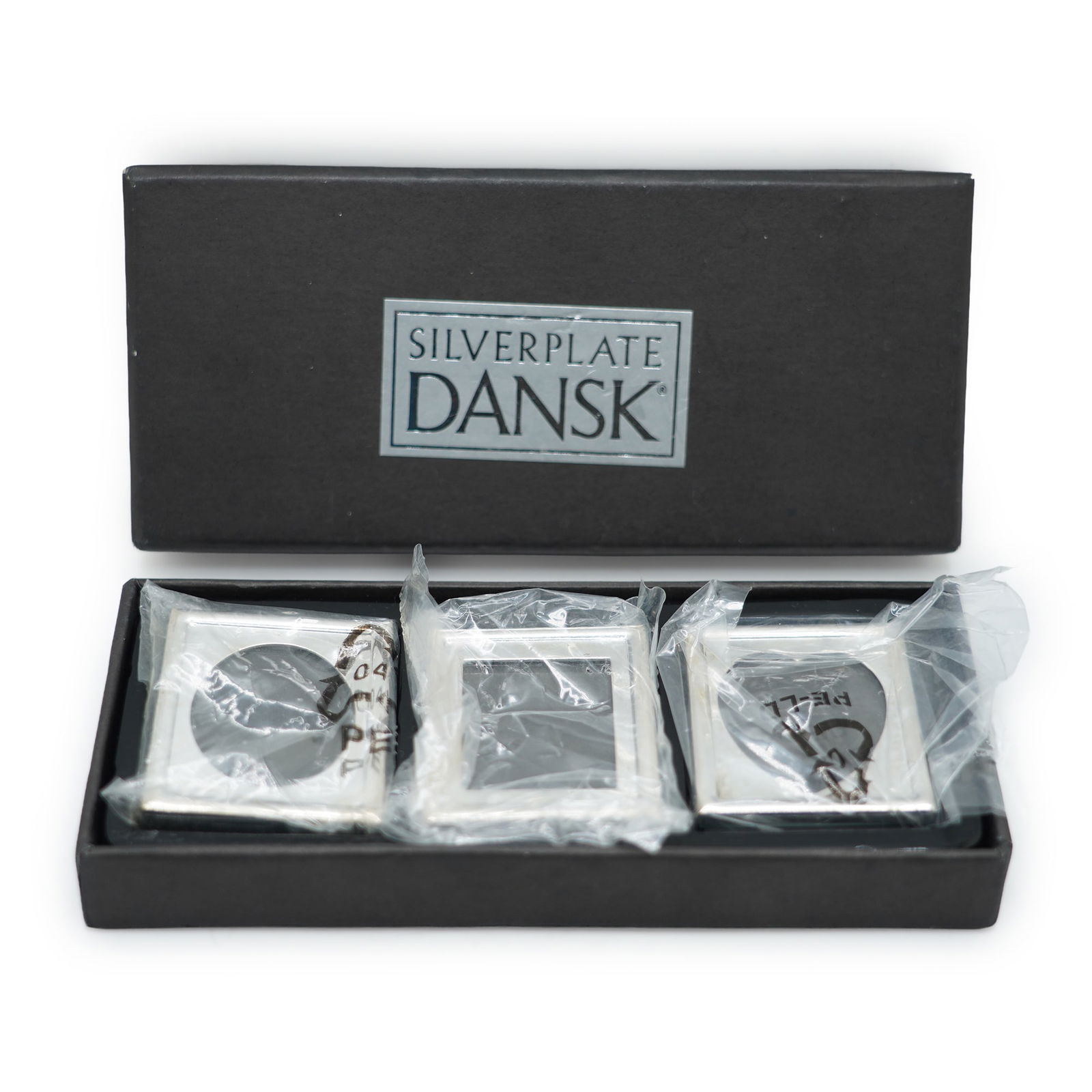 Set of 3 DANSK Silver Plate Picture Frames 2 in. x 1 1/2 in. Each, with Original Box: Set of 3 DANSK Silver Plate Picture Frames 2 in. x 1 1/2 in. Each, with Original Box 6 in. x 2 3/4 in