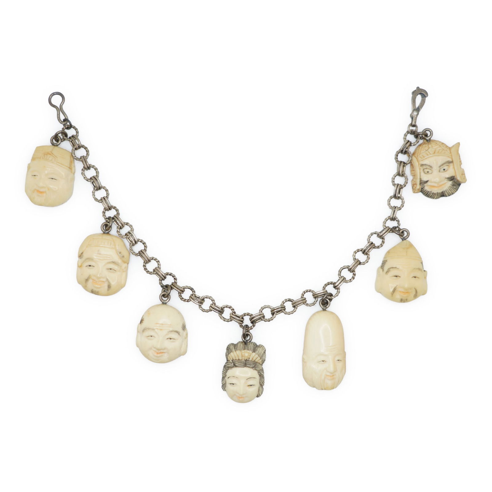 Vintage Chinese 7-Face Pendants Bracelet Strung on a Sterling Silver Chain Bracelet (1 of 11)