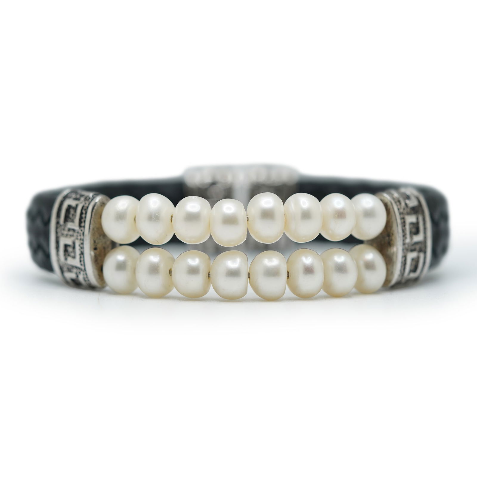 Sterling Silver 925 With 18 Genuine Freshwater Cultured Pearls [2 Rows], Leather Bracelet (1 of 9)