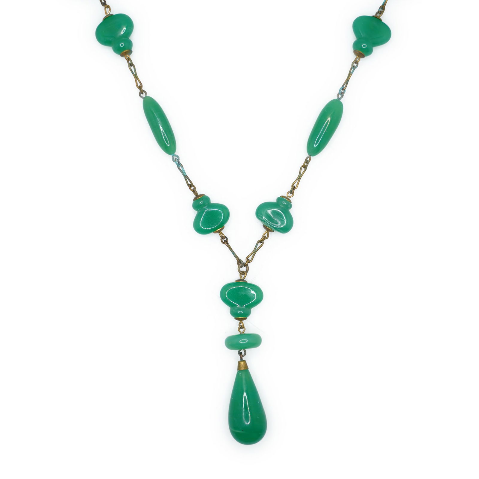 Brass and Green Jade Victorian Lavalier Necklace 32 inches Length x 3 In. x 5/8 In. (1 of 10)