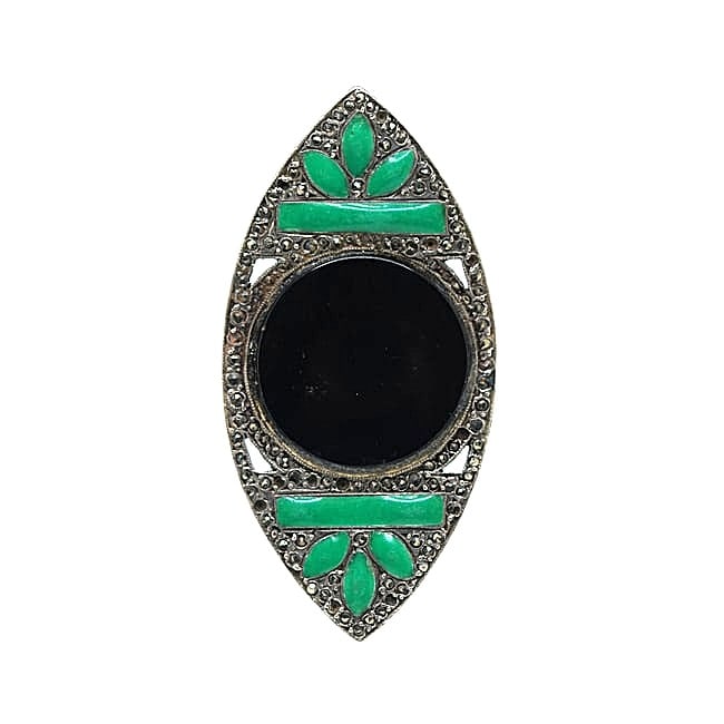 Sterling Silver Large Size Art Deco Ring Size 9.5, Black Onyx, Enameled and Marcasites (1 of 11)