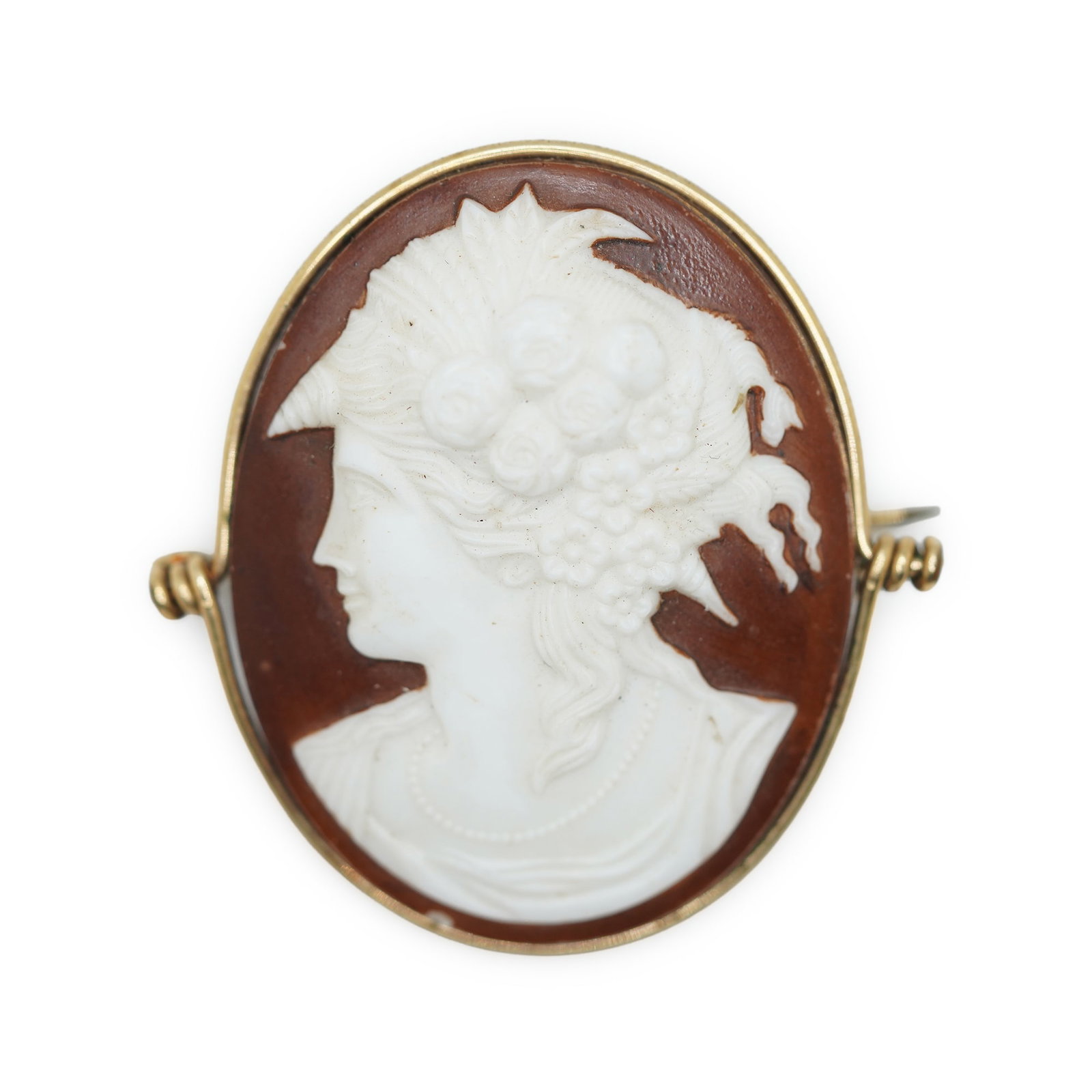 Quality GF Framed White Cinnabar Cameo on Carnelian Stone Pin Fine Woman Portrait With: Quality GF Framed White Cinnabar Cameo on Carnelian Stone Pin Fine Woman Portrait With Flowers in Hair. Oval Size: 1 3/4 in. x 1 1/4 in.
