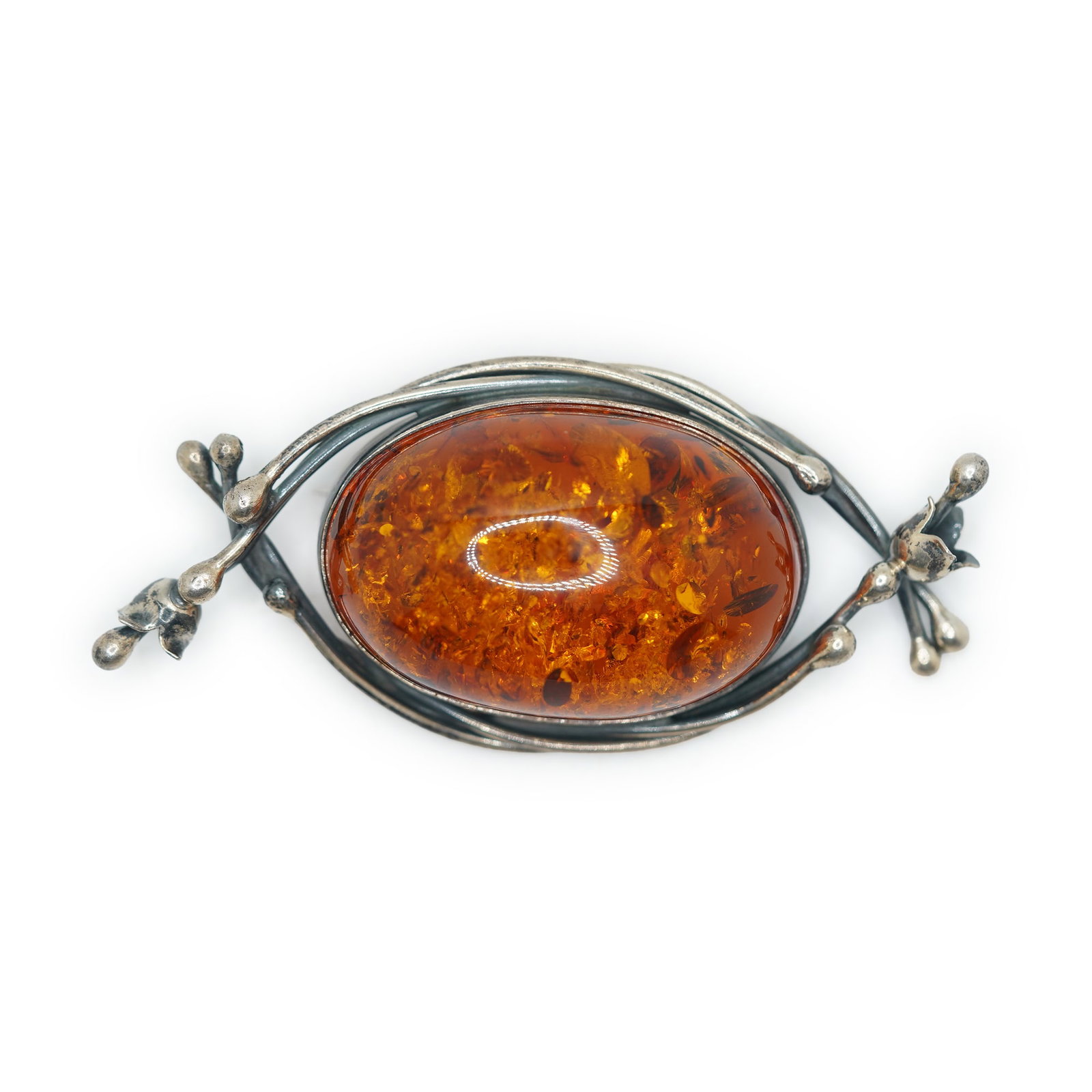 Large Amber Mounted in a Hand Tooled Sterling Silver Modernist Frame Pin 2 1/2 in. x 1 1/4 in. (1 of 10)