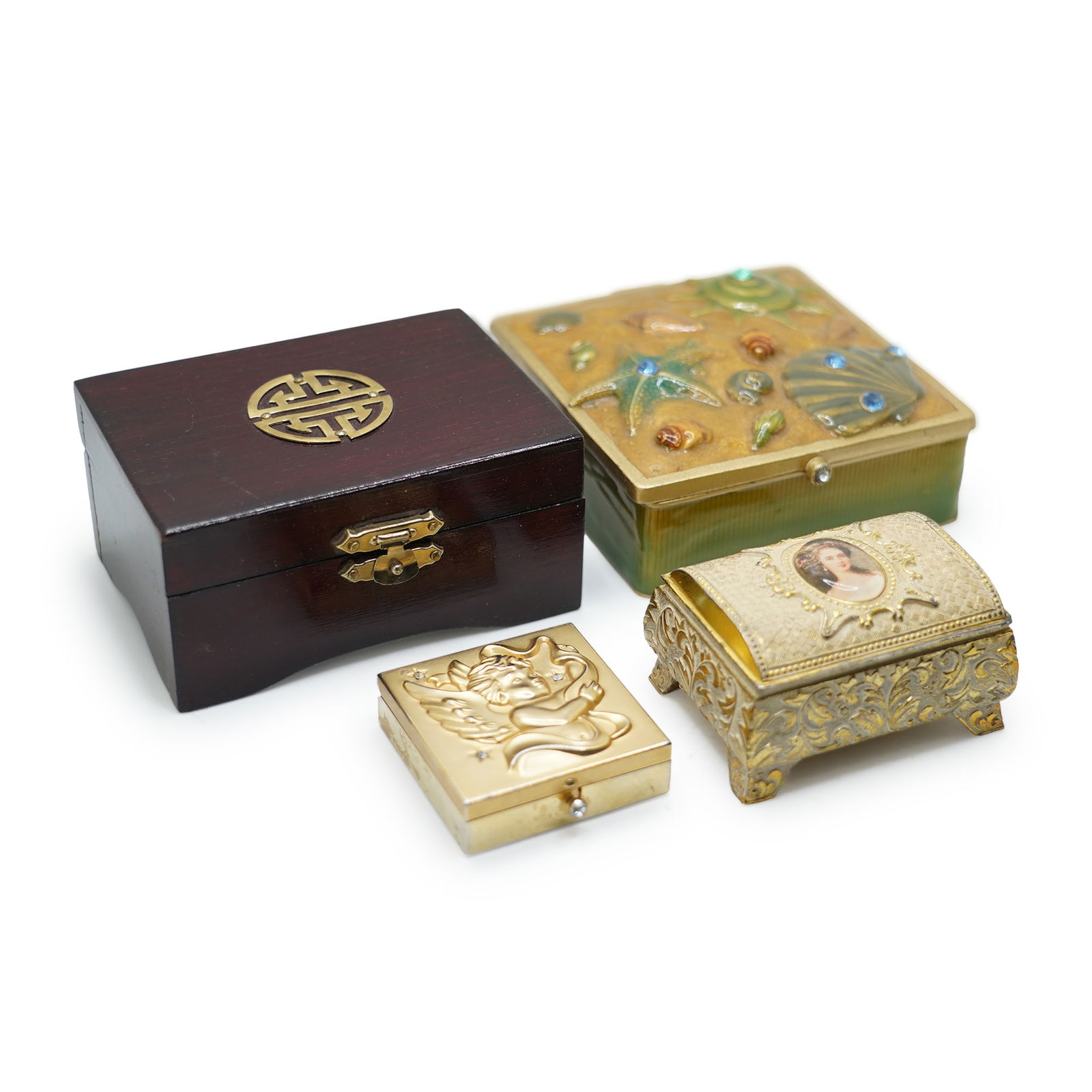 4 Assorted Trinket Boxes: Aquatic Enamel; Portrait Top Dome; Cupid ; Chinese Brass & Mahogany (1 of 18)