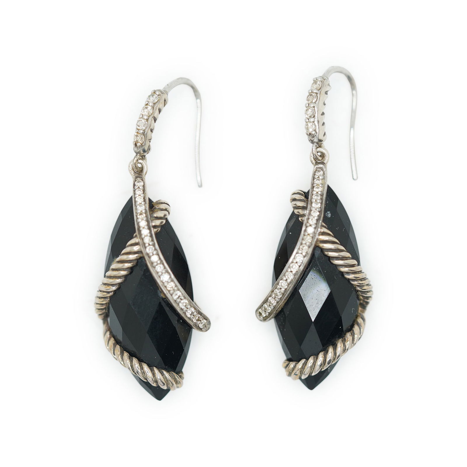 DAVID YURMAN .925 Sterling Silver DY Earrings Black Onyx Marquise Faceted Stones Wrapped: DAVID YURMAN .925 Sterling Silver DY Earrings Black Onyx Marquise Faceted Stones Wrapped in Rope Twist and Channeled Diamonds. Size: 1 5/8 in. x 1/2 in. ; in Original Nordstrom Box