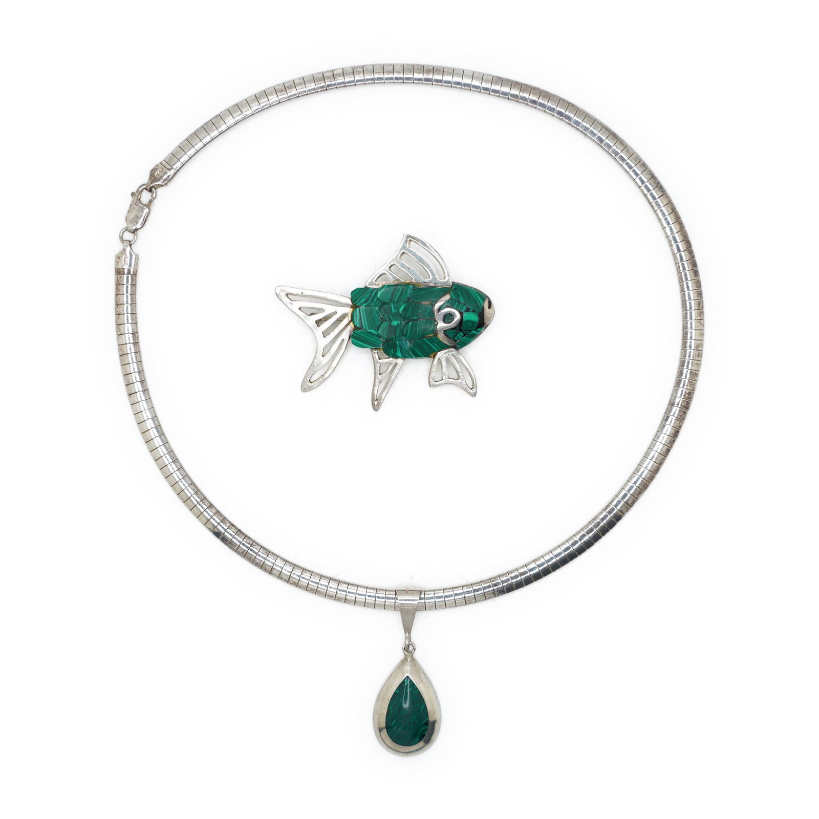[2] Stunning FISH Pin .925 Sterling Silver Mexico With Malachite Scales & .925 Sterling Snake Chain (1 of 13)