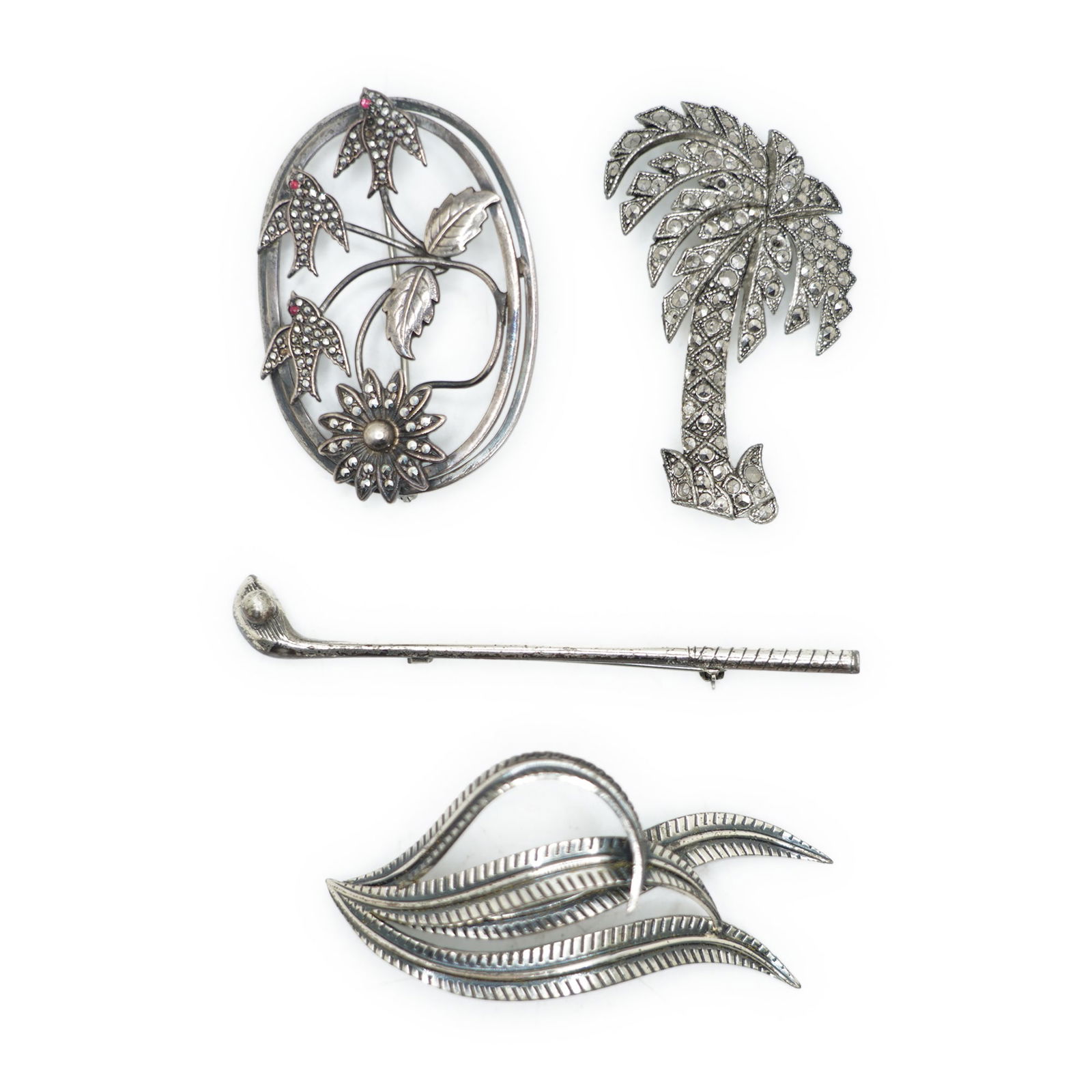 4 Sterling Silver .925 Pins: Palm Tree With Marcasites; Leaf Pin Dancraft; Oval Pin With Marcasites (1 of 12)