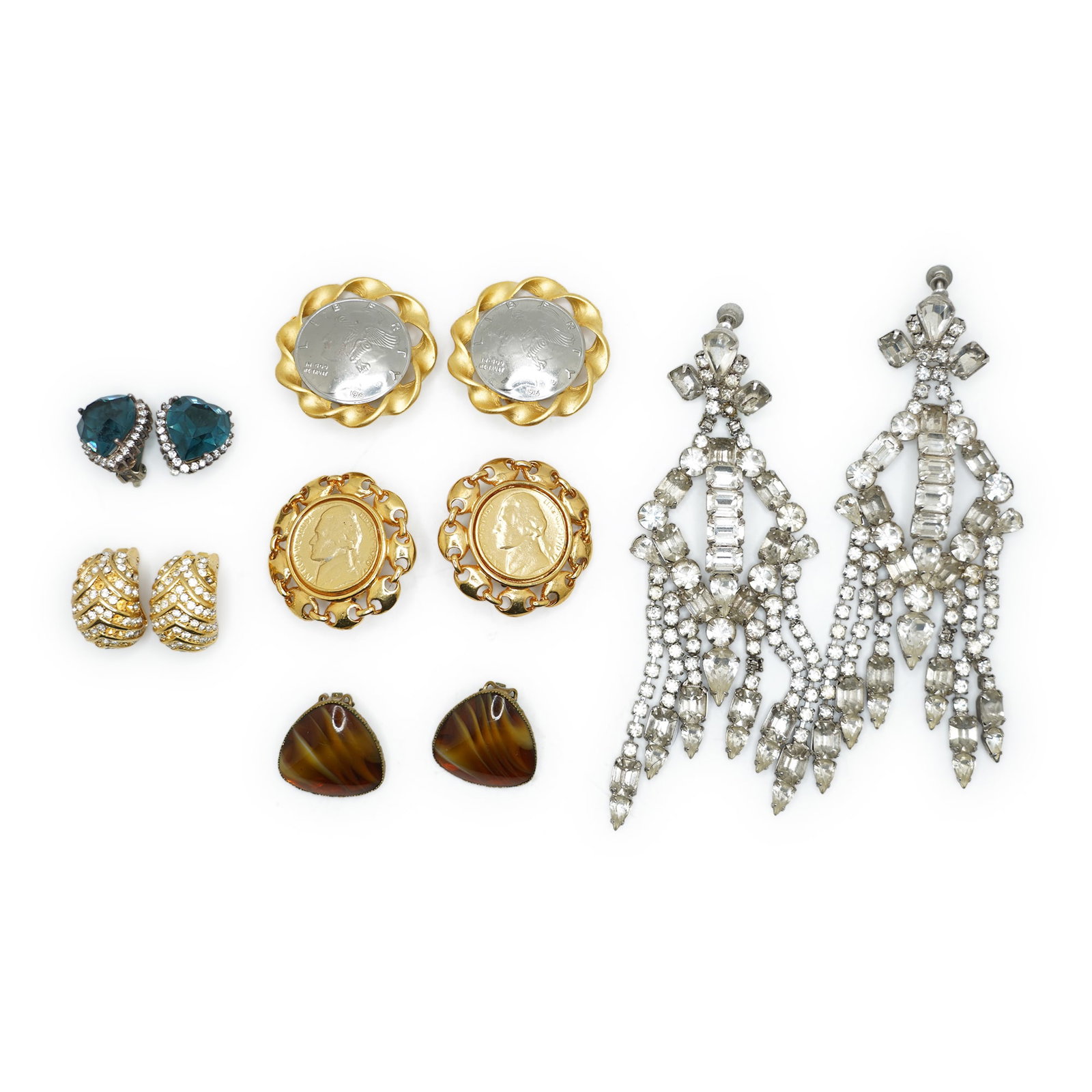 6 Assorted Pairs Clip-on / Screw Back Earrings: Long Ballroom Rhinestone ; Christian Dior Gold Tone (1 of 14)
