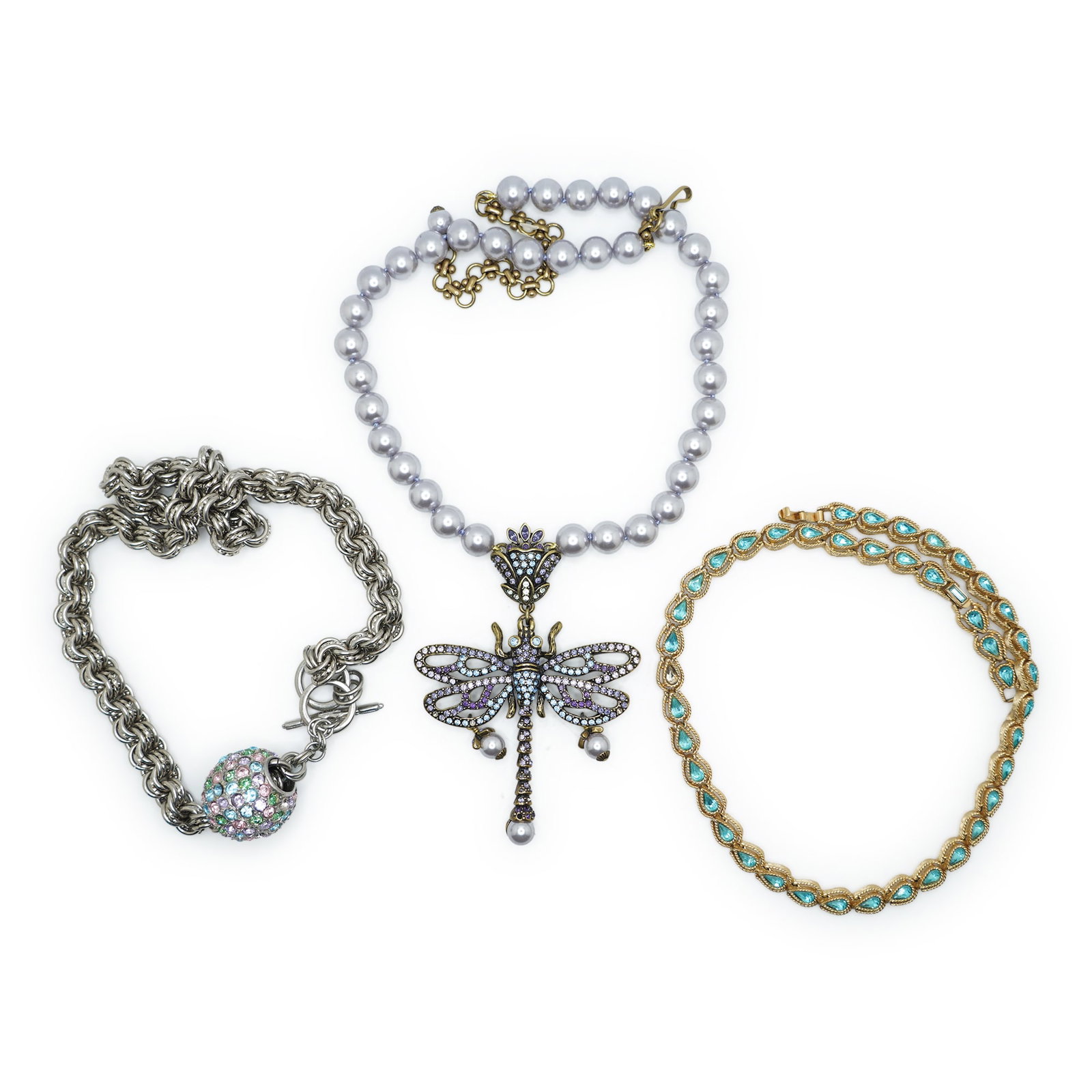 KJL Silver Tone Triple Ringed Chain With Large Multi Color Rhinesti=one Beads Necklace 20 1/2 in. (1 of 18)