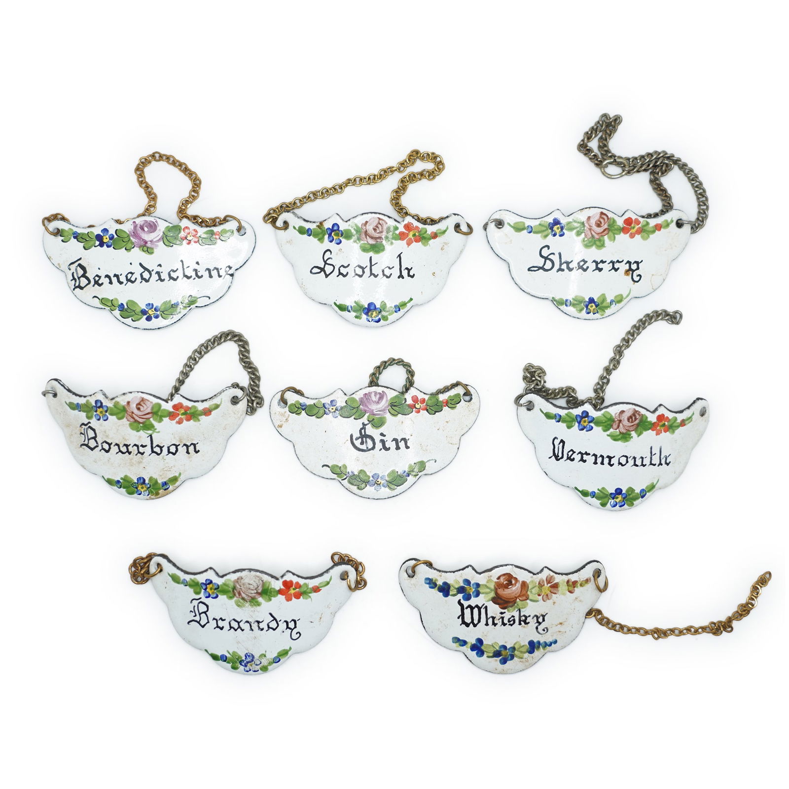 8 Assorted Enameled Liquore Decanter Tags , 2 1/2 in. x 1 3/8 in. Each (1 of 9)