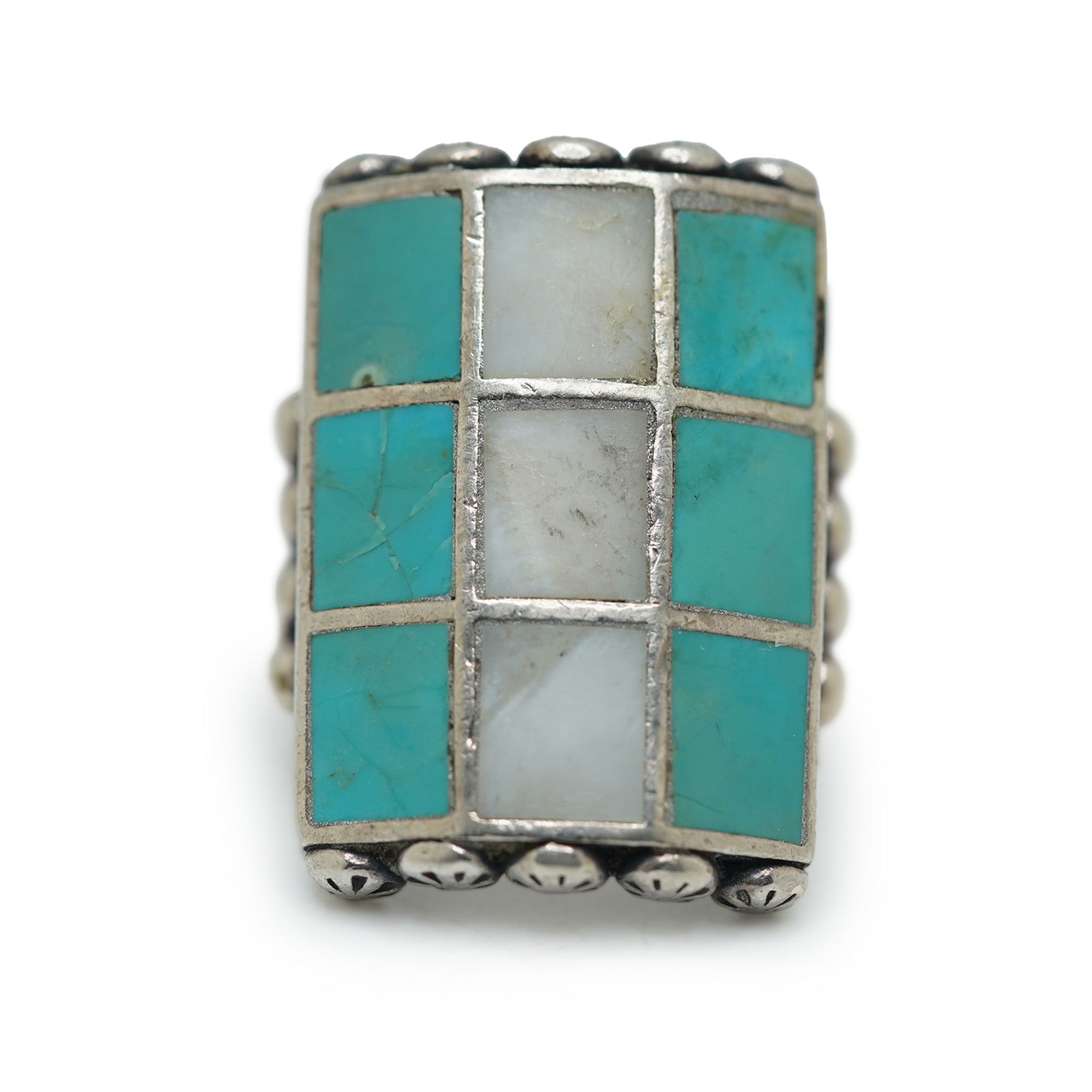 Native American Indian Sterling Silver, MOP And Turquoise Ring Size 8 , 1 1/4 in. x 1 in. (1 of 10)