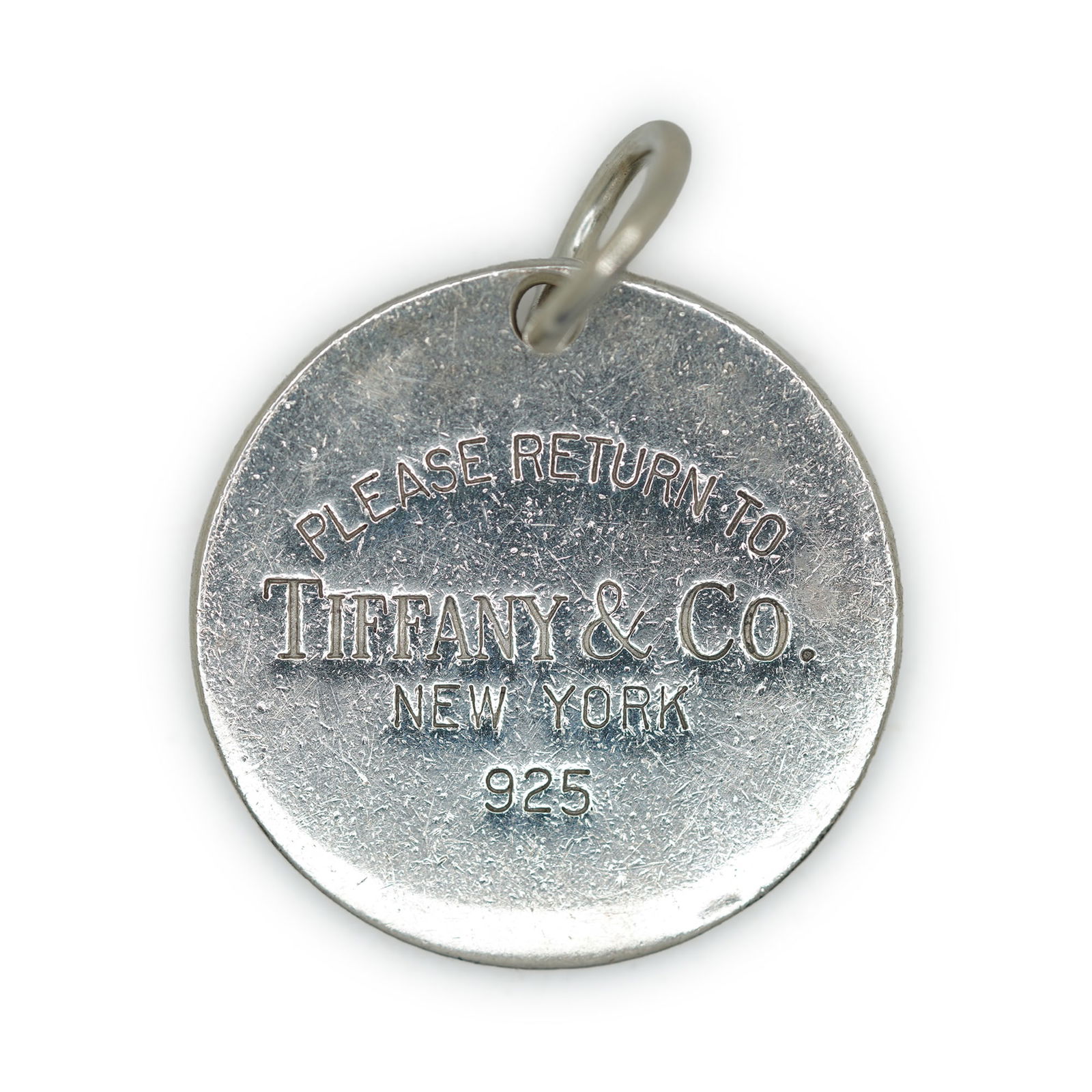 "Please Return to Tiffany & Co 925 New York" Sterling Silver Charm 1 in. Diameter: "Please Return to Tiffany & Co 925 New York" Sterling Silver Charm 1 in. Diameter