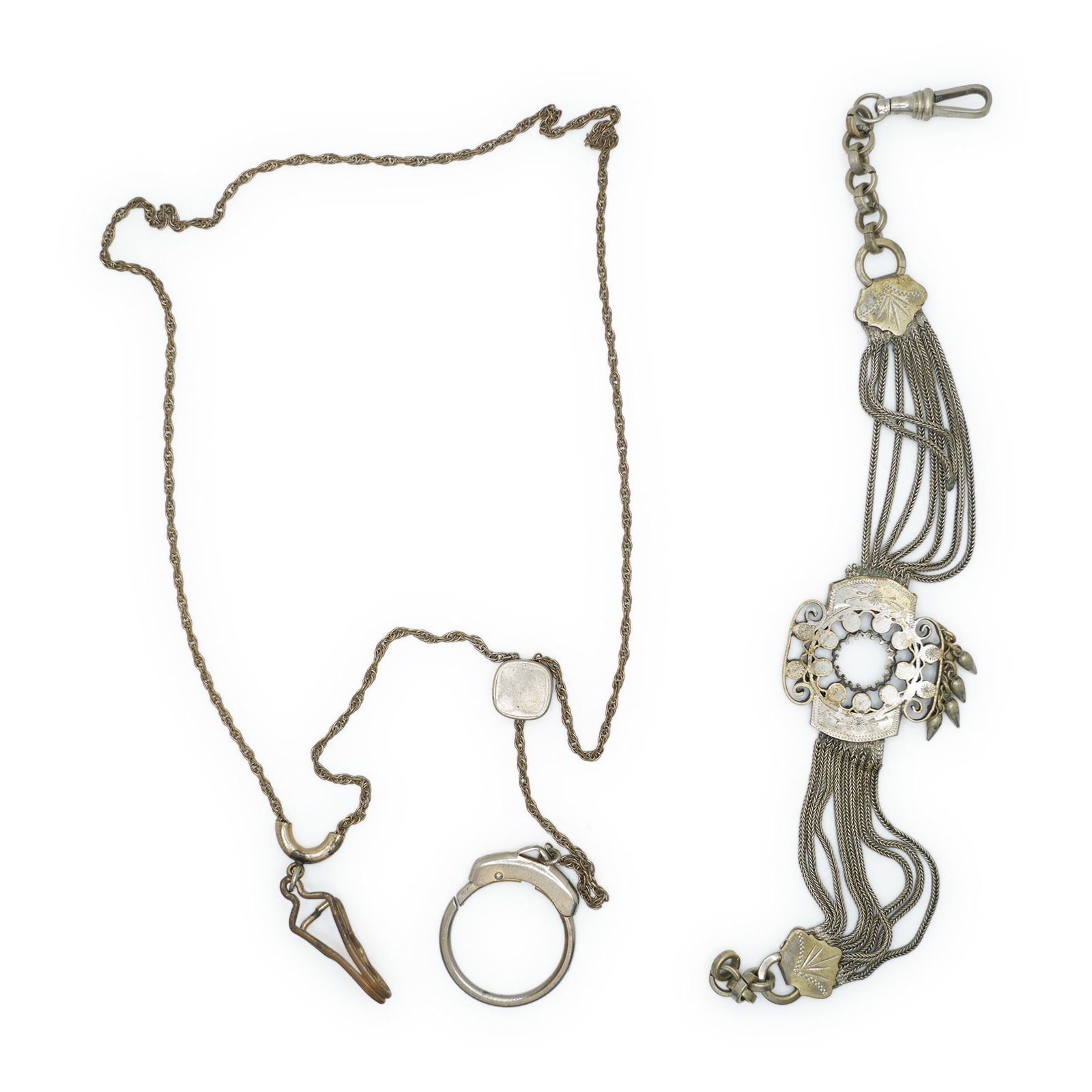 Silver Victorian 9-Strands on Each Side Of An Etched Victorian Medallion Watch Fob 10 in. x 1 3/4 in (1 of 12)