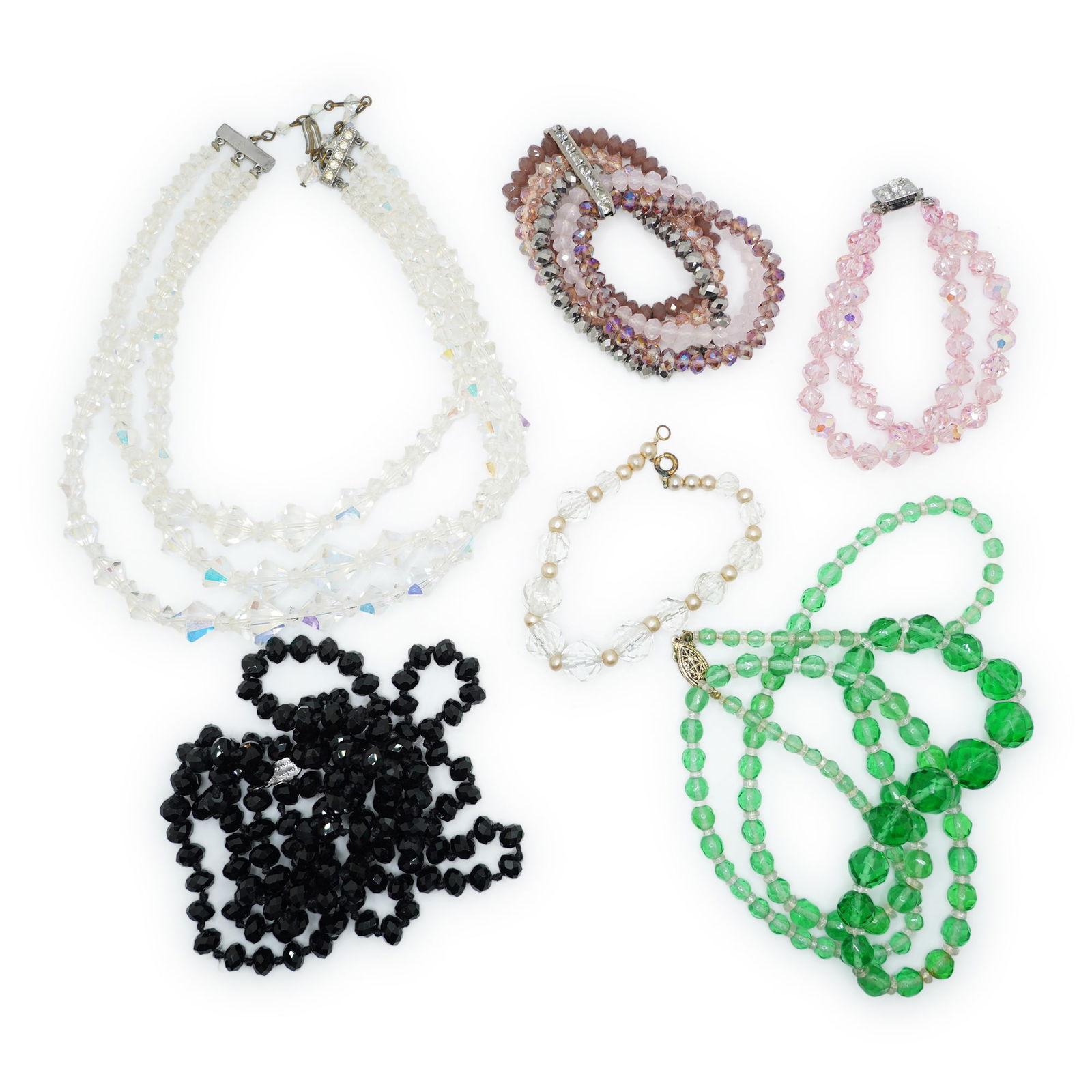 6 Assorted Vintage Glass Necklaces and Bracelets: Graduated Green Necklace 36 in. x 5/8 in.; (1 of 19)