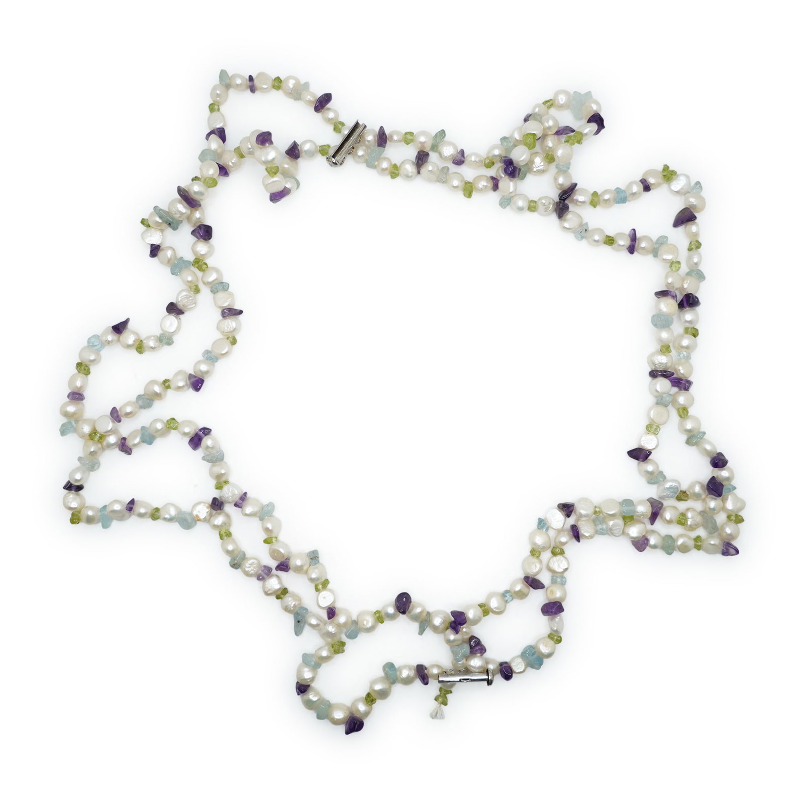 4-Strand Freshwater Cutured Pearls With Peridot, Topaz, Amethyst Stones Necklace 18 in. x 1 1/4: 4-Strand Freshwater Cutured Pearls With Peridot, Topaz, Amethyst Stones Necklace 18 in. x 1 1/4 in.