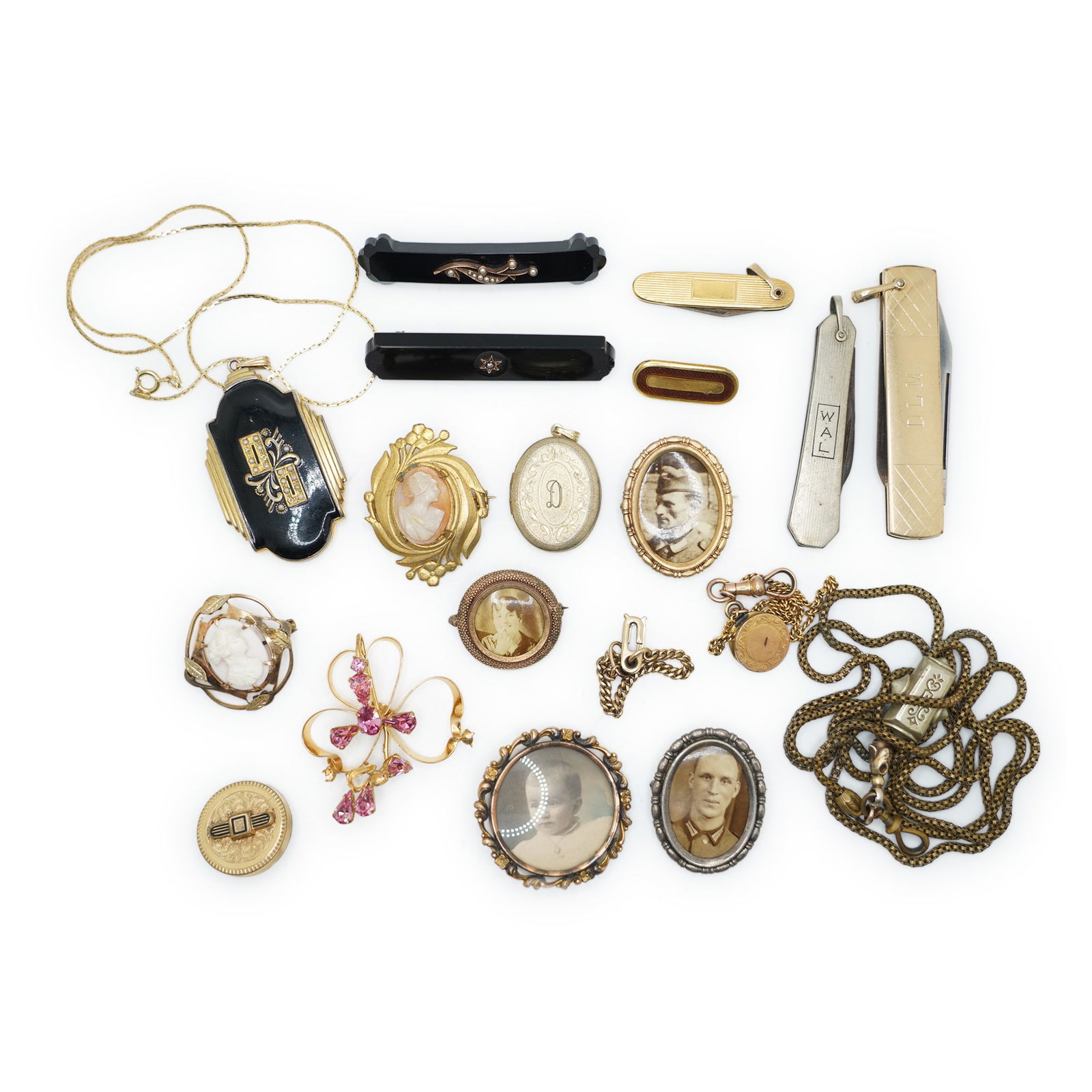 20 Assorted: 2 Victorian Gold Filled and Black Onyx Pins 2 1/2 in. x 2 in.; 12K GF Pink Rhinestone (1 of 17)