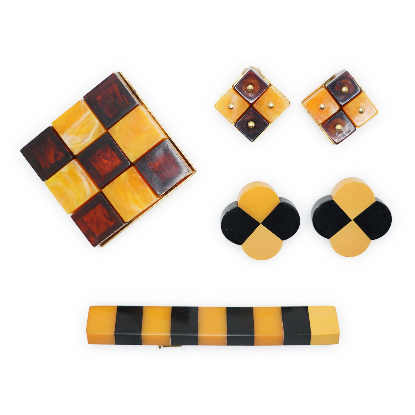 6 Pieces 1930s40s Checkerboard Bakelite Pin with Matching Clip-on Earrings; Bar Pin; Flower Earrings (1 of 13)