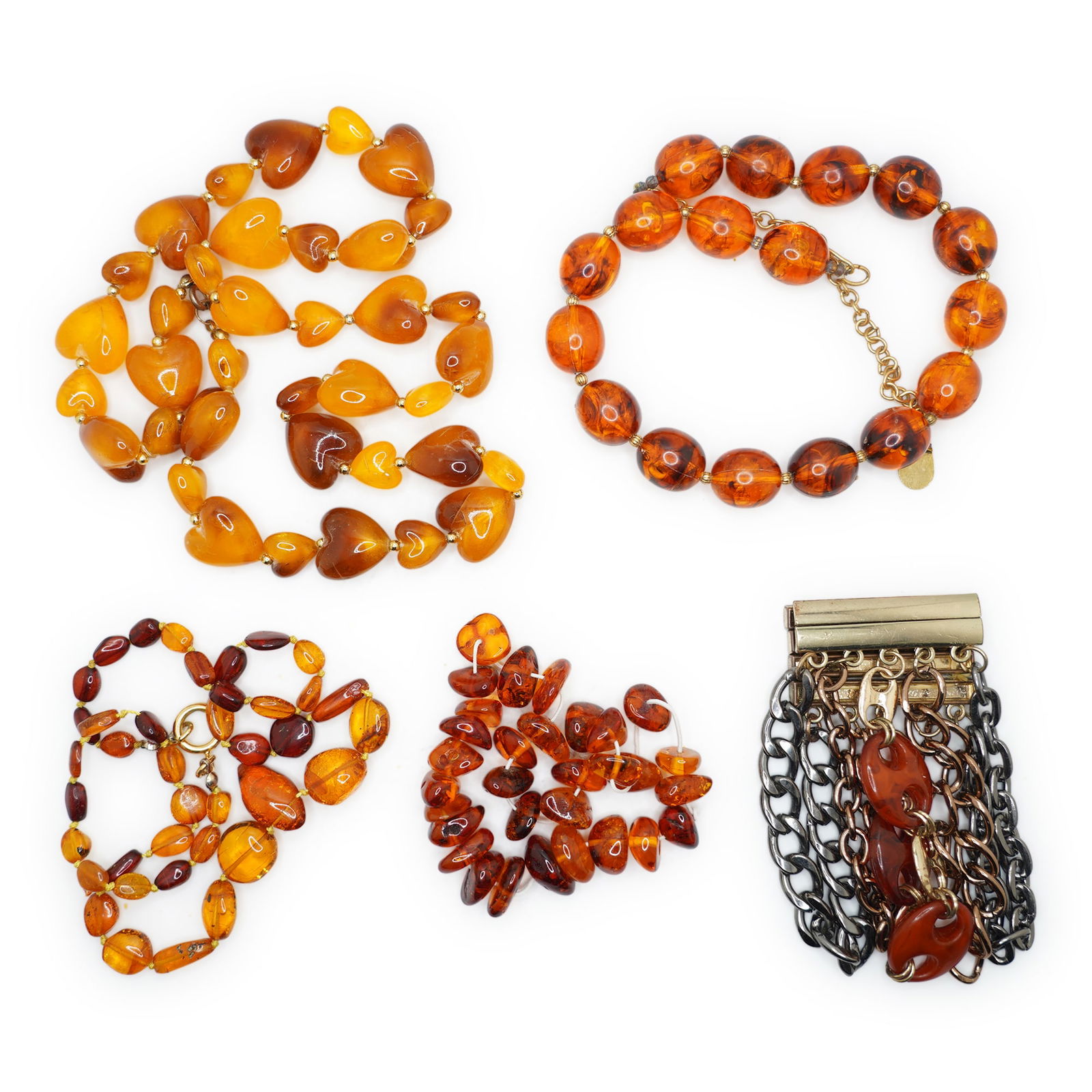 5 Piece Amber Lot: Amber with Chain Links Bracelet; Amber Heart Necklace; Reconstituded Amber (1 of 17)