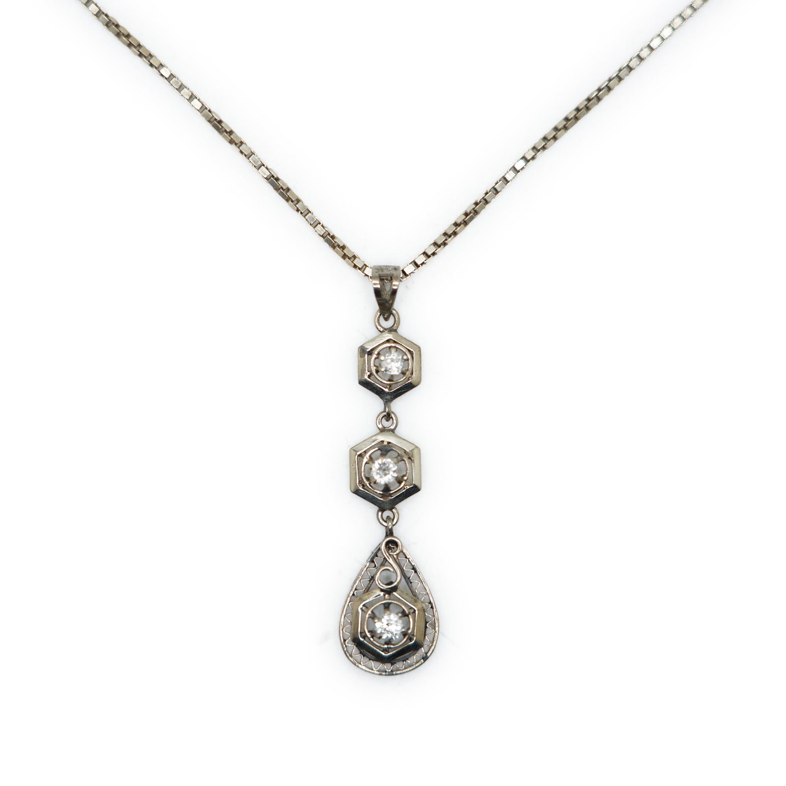 14K Victorian Lavalier 2 Small Stones White Sapphires, 1 Large Stone is a Diamond, Necklace: 14K Victorian Lavalier 2 Small Stones White Sapphires, 1 Large Stone is a Diamond, Necklace on a .925 Sterling 16 in. Box Chain.