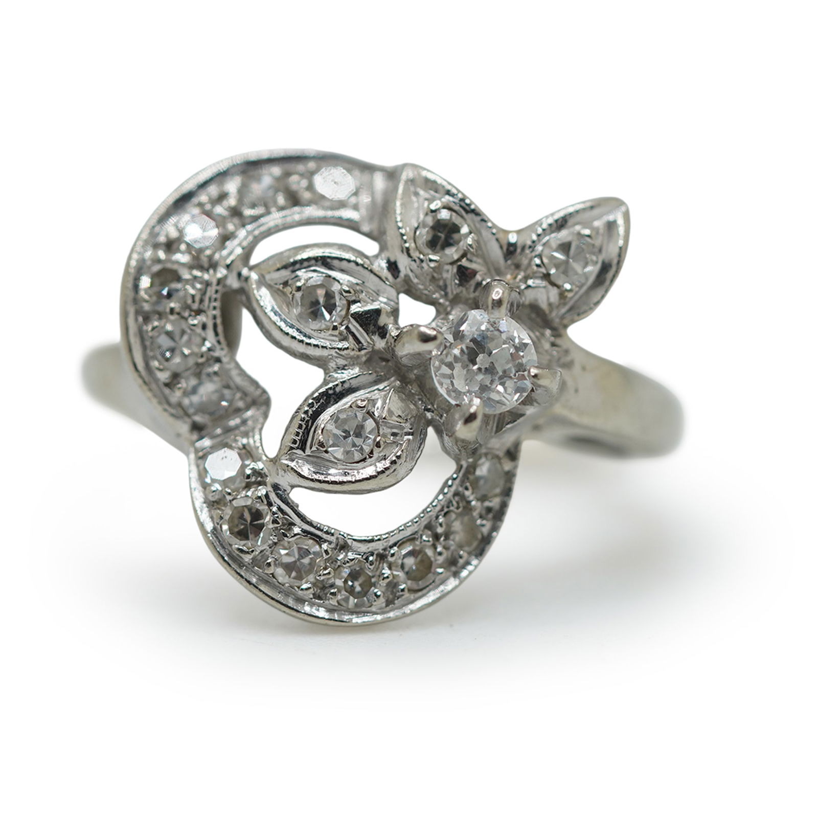 1.88 DWT, 14K White Gold Victorian Heart Shaped Diamond Ring with 18 Diamonds Ring Size 3.5 (1 of 12)